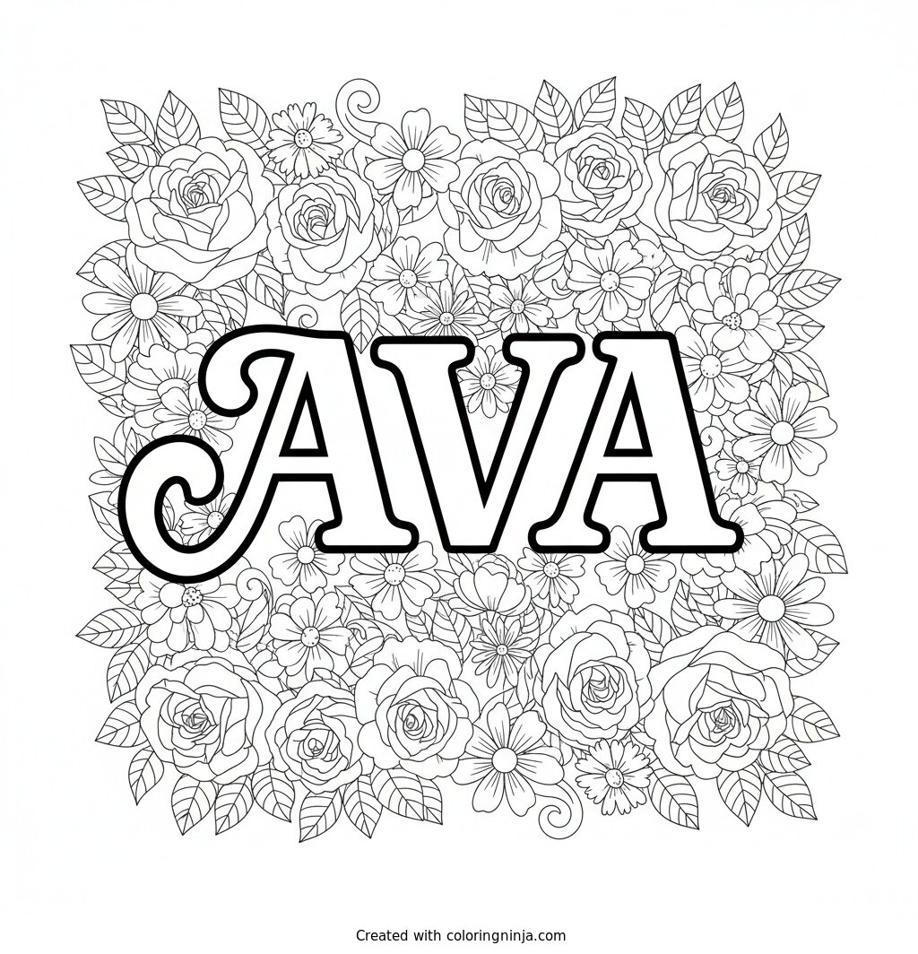 Ava Surrounded by Beautiful Flowers Coloring Page