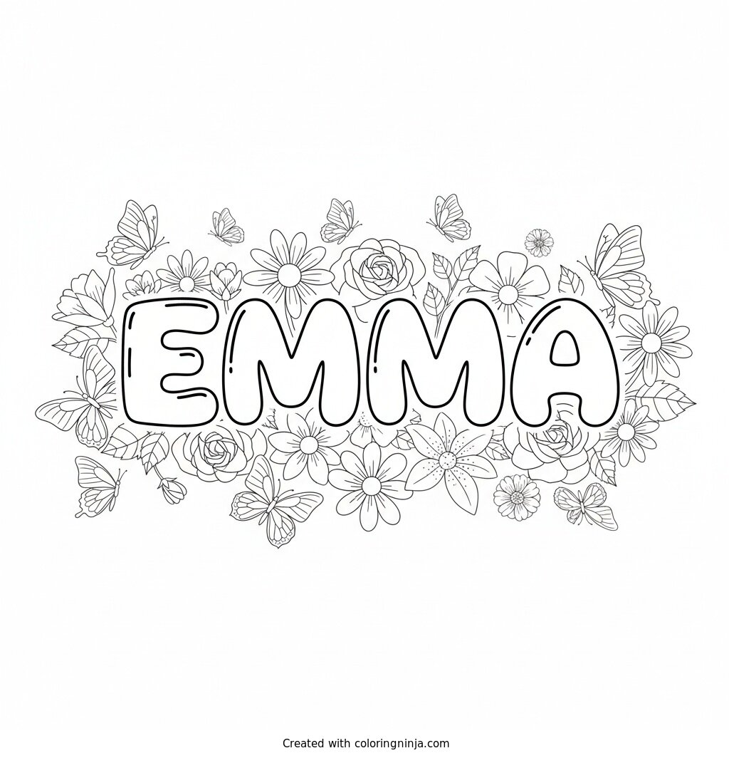 Emma with Butterflies and Flowers Coloring Page