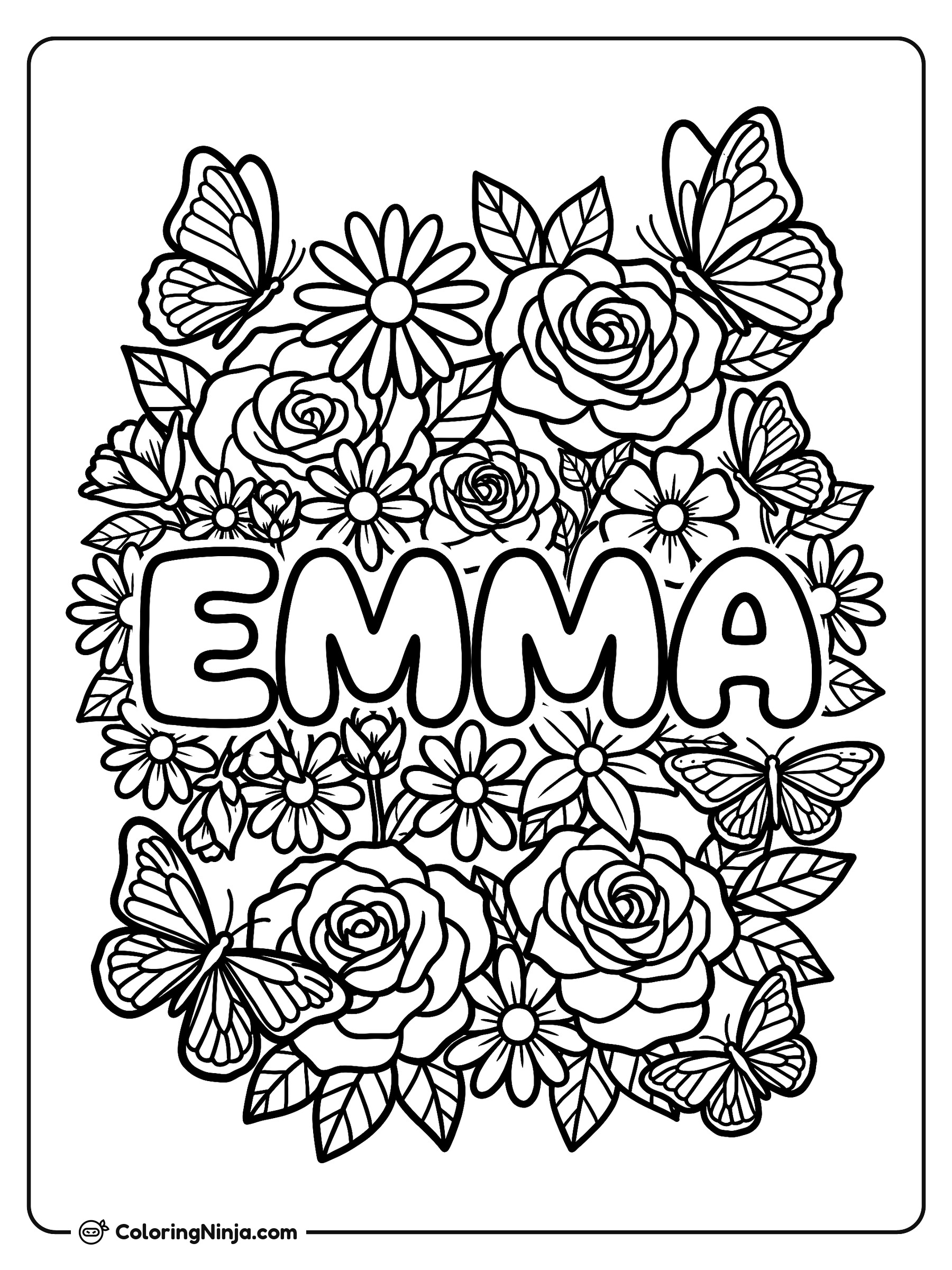 Emma con mariposas y flores: dibujo para colorear