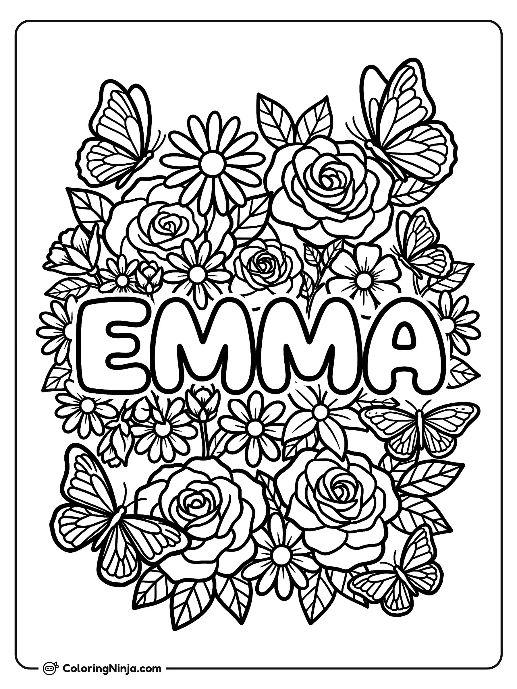 Emma con mariposas y flores, dibujo para colorear: El nombre Emma destaca en el centro de un denso arreglo floral lleno de rosas, margaritas y hojas. Varias mariposas detalladas revolotean y se posan entre los pétalos.