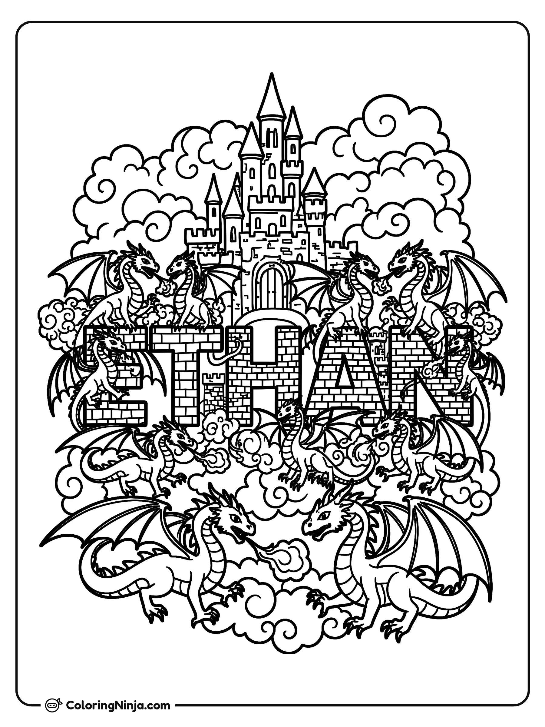 Ethan y los dragones amigables, dibujo para colorear: Varios dragones amigables se reúnen alrededor de las letras del nombre Ethan con textura de ladrillo, frente a un imponente castillo de cuento de hadas.