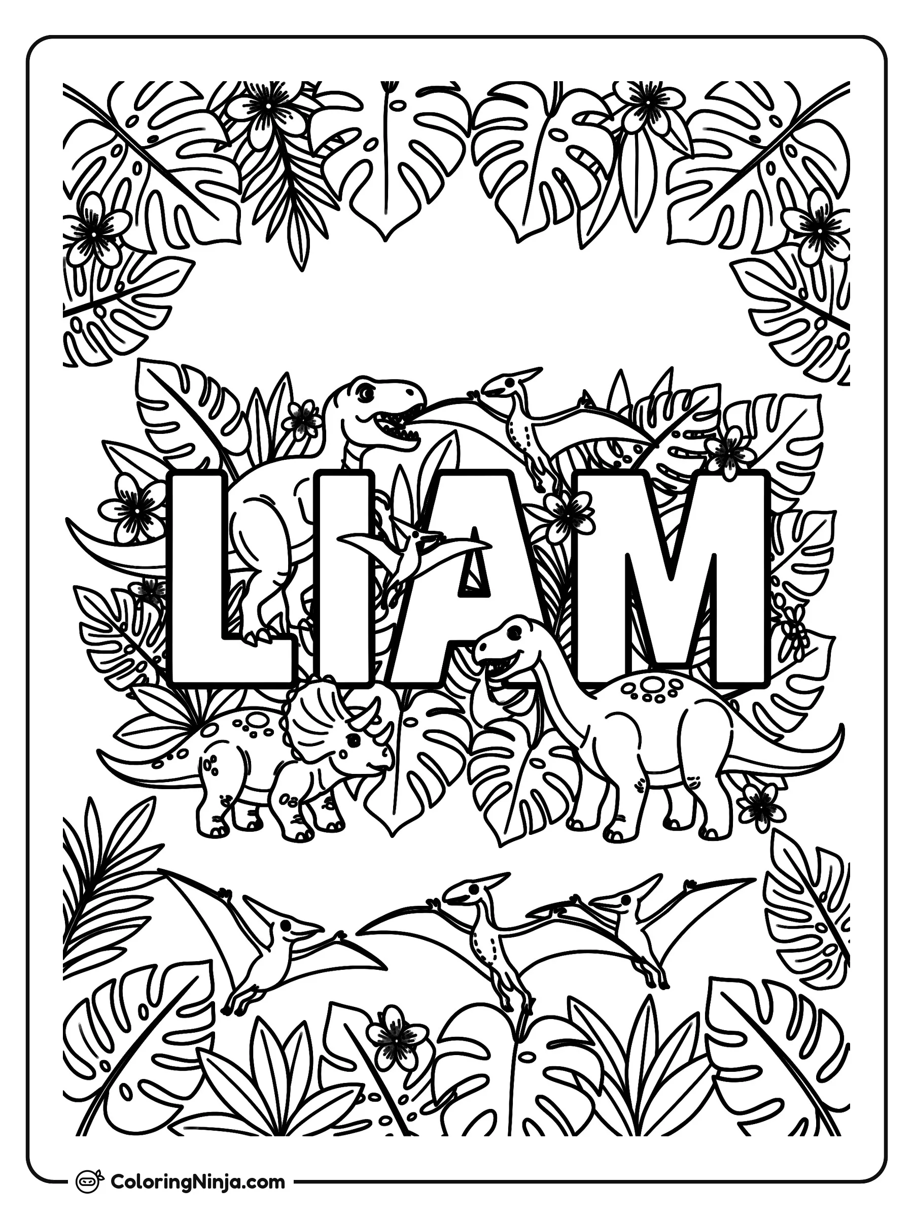 El nombre Liam entre dinosaurios selváticos, dibujo para colorear: El nombre Liam aparece en letras grandes y gruesas rodeado de amigables dinosaurios prehistóricos.