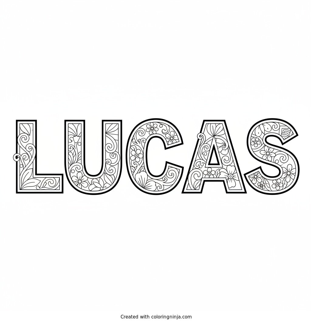 Coloring page of the name Lucas with designs to color in