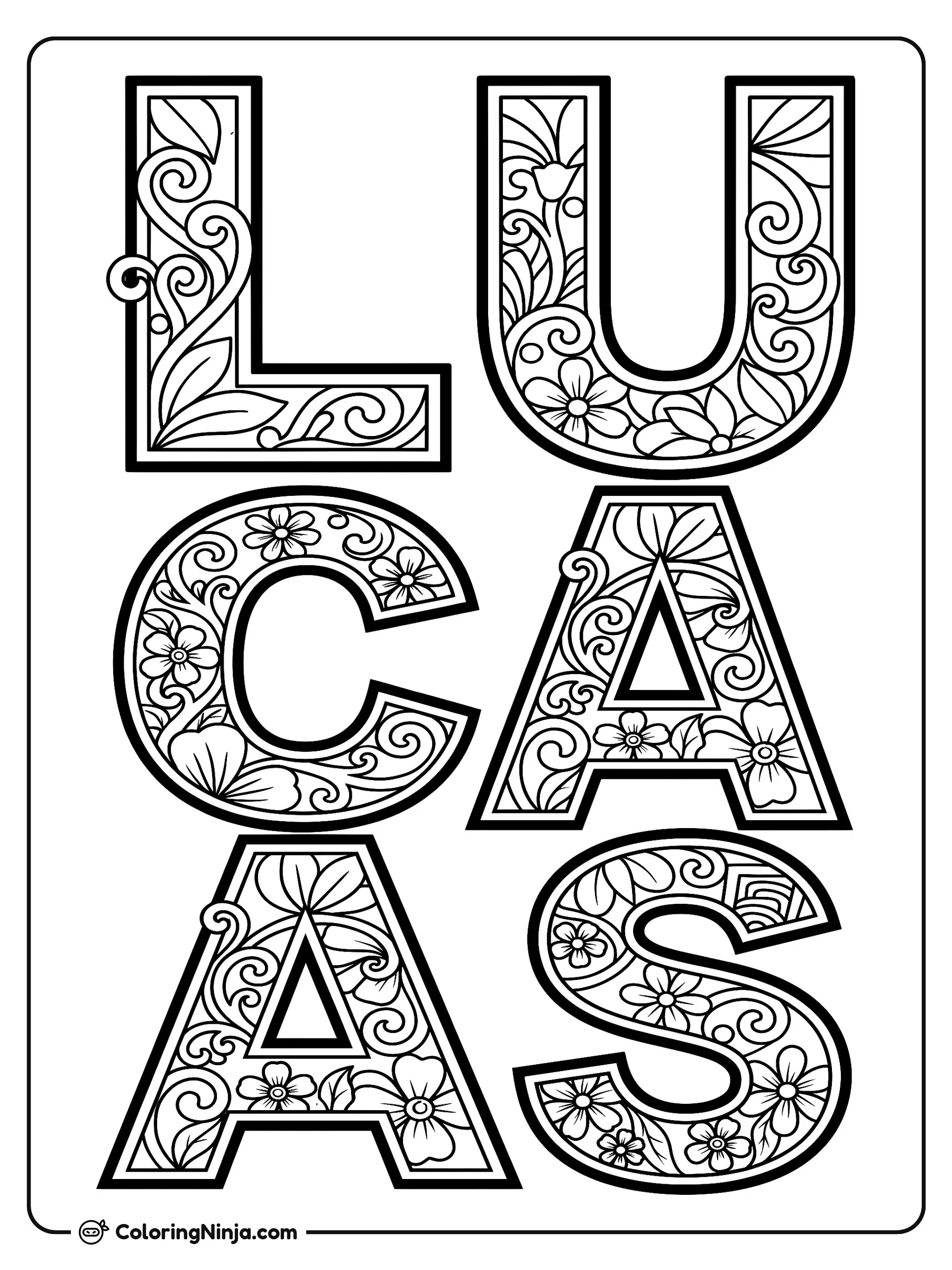 El nombre Lucas con patrones florales, dibujo para colorear: El nombre Lucas aparece escrito en grandes letras de molde decoradas con un detallado diseño floral. Las letras incluyen pequeñas flores, enredaderas y hojas delicadas para llenar de color.