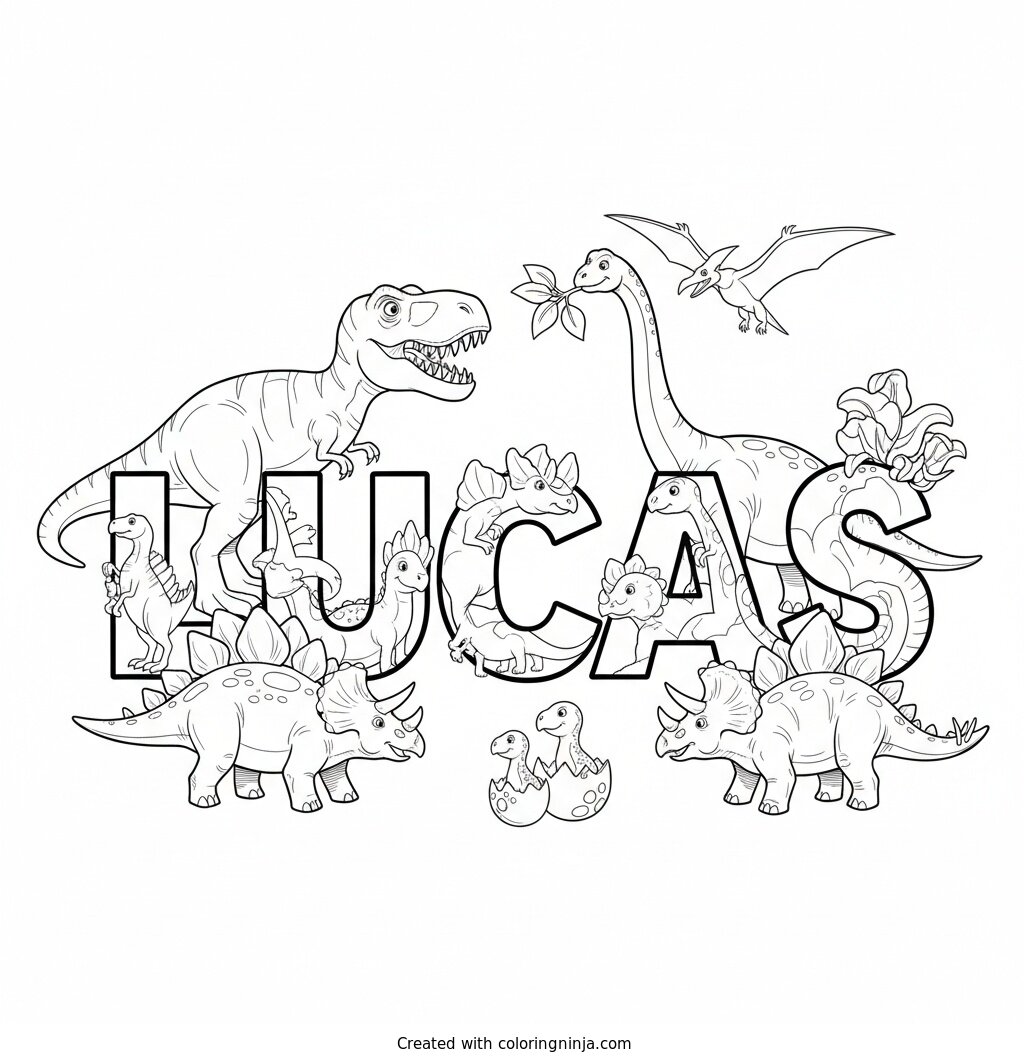 Coloring page of the name Lucas with dinosaurs around it to color in