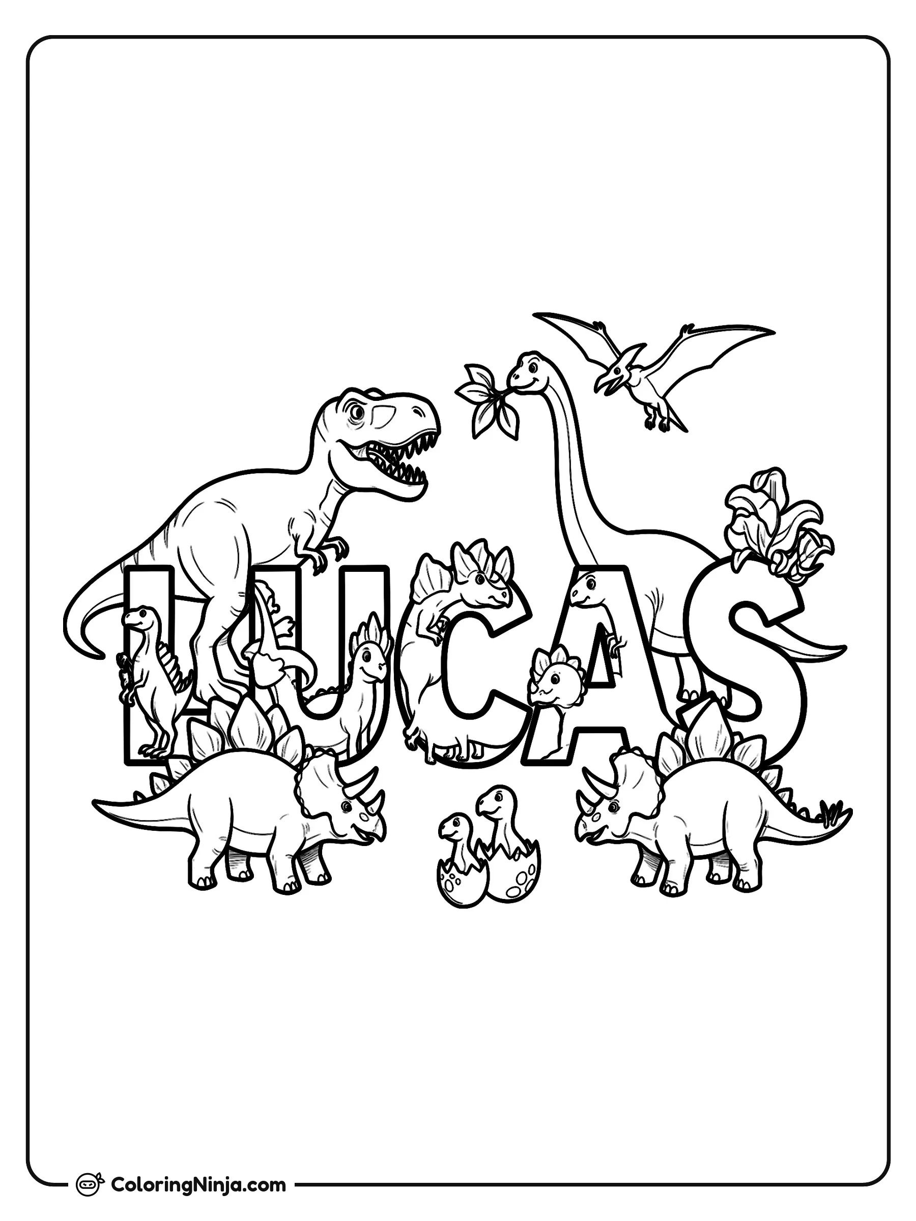 Lucas y sus amigos dinosaurios, dibujo para colorear: Un alegre grupo de dinosaurios se reúne alrededor de grandes letras que forman el nombre Lucas, incluyendo un tiranosaurio, un braquiosaurio y pequeñas crías saliendo de sus huevos.