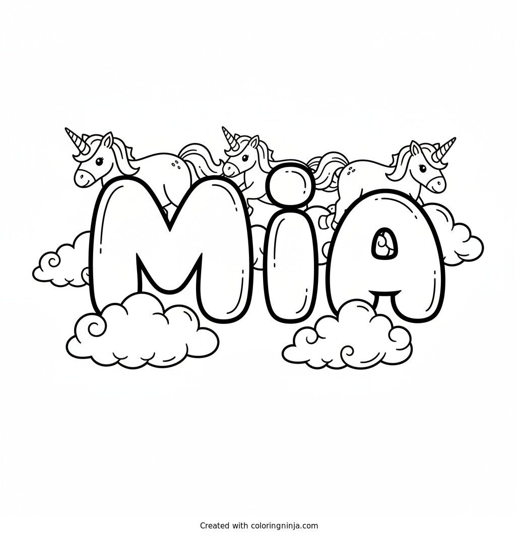Magical Mia with Magical Unicorns Coloring Page