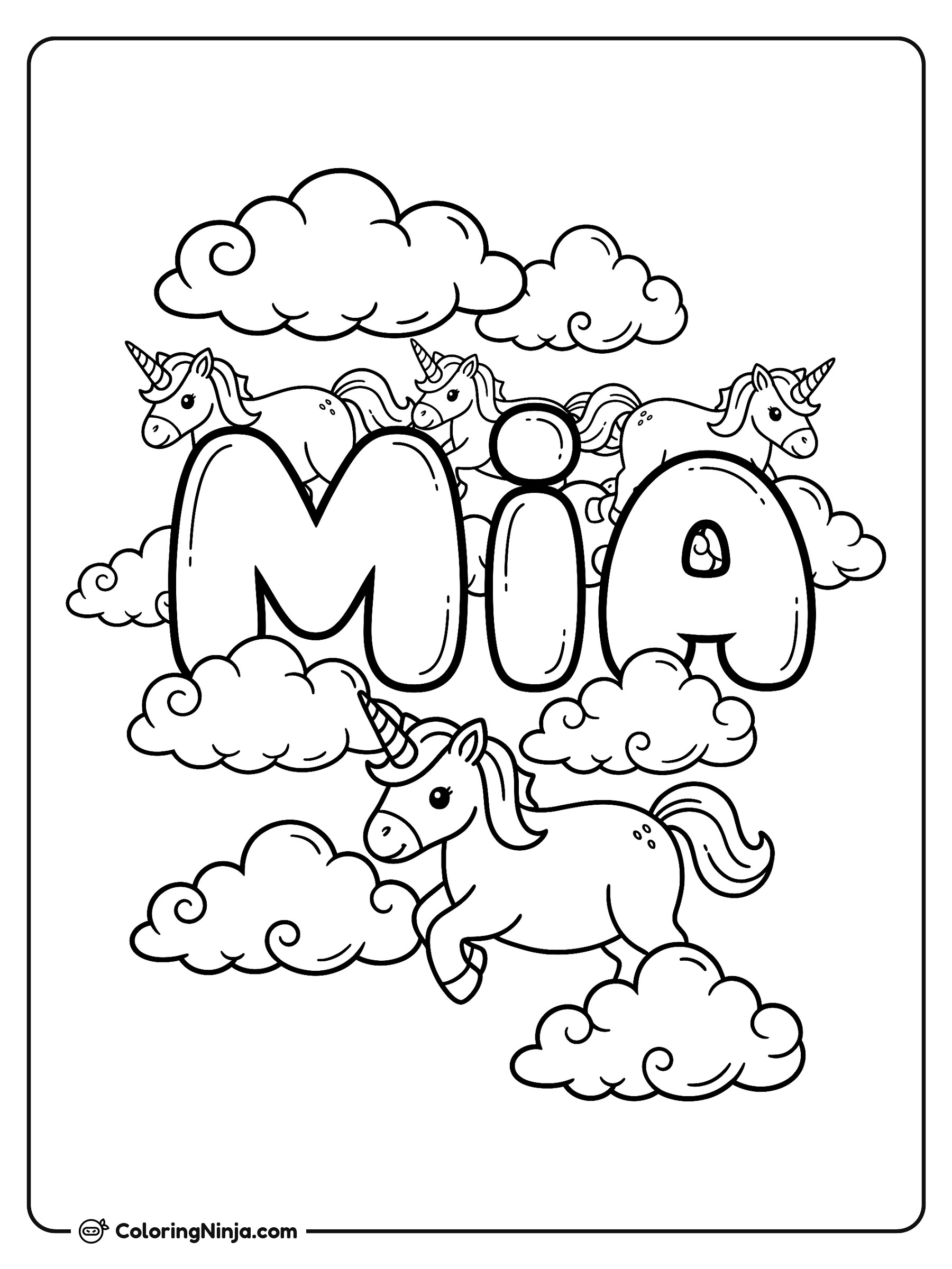 La mágica Mia con unicornios mágicos: dibujo para colorear