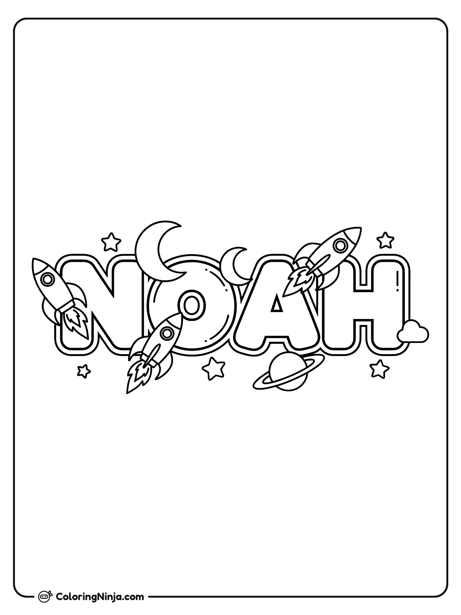 Nombre Noah con cohetes y planetas: dibujo para colorear