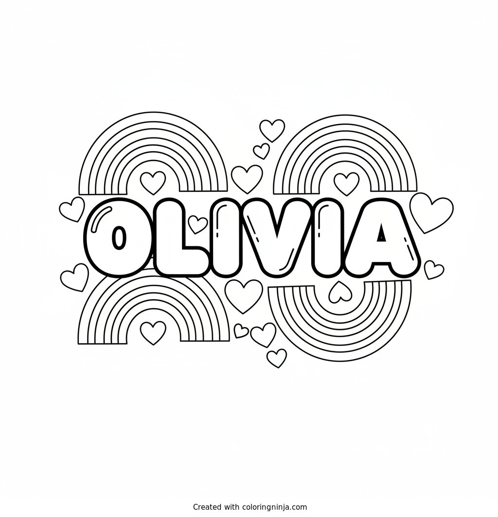 The Name Olivia with Hearts and Rainbows Around It Coloring Page
