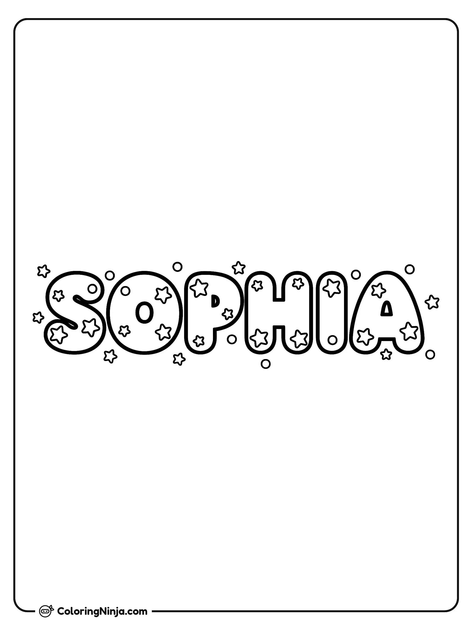 Sophia en letras de burbuja brillantes, dibujo para colorear: El nombre Sophia aparece escrito con redondeadas letras de burbuja repletas de pequeñas estrellas.