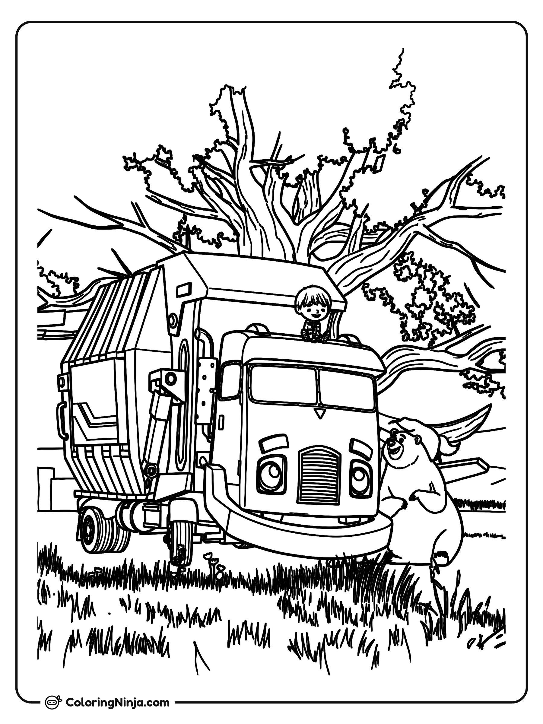Trash Truck con amigos junto al árbol: dibujo para colorear