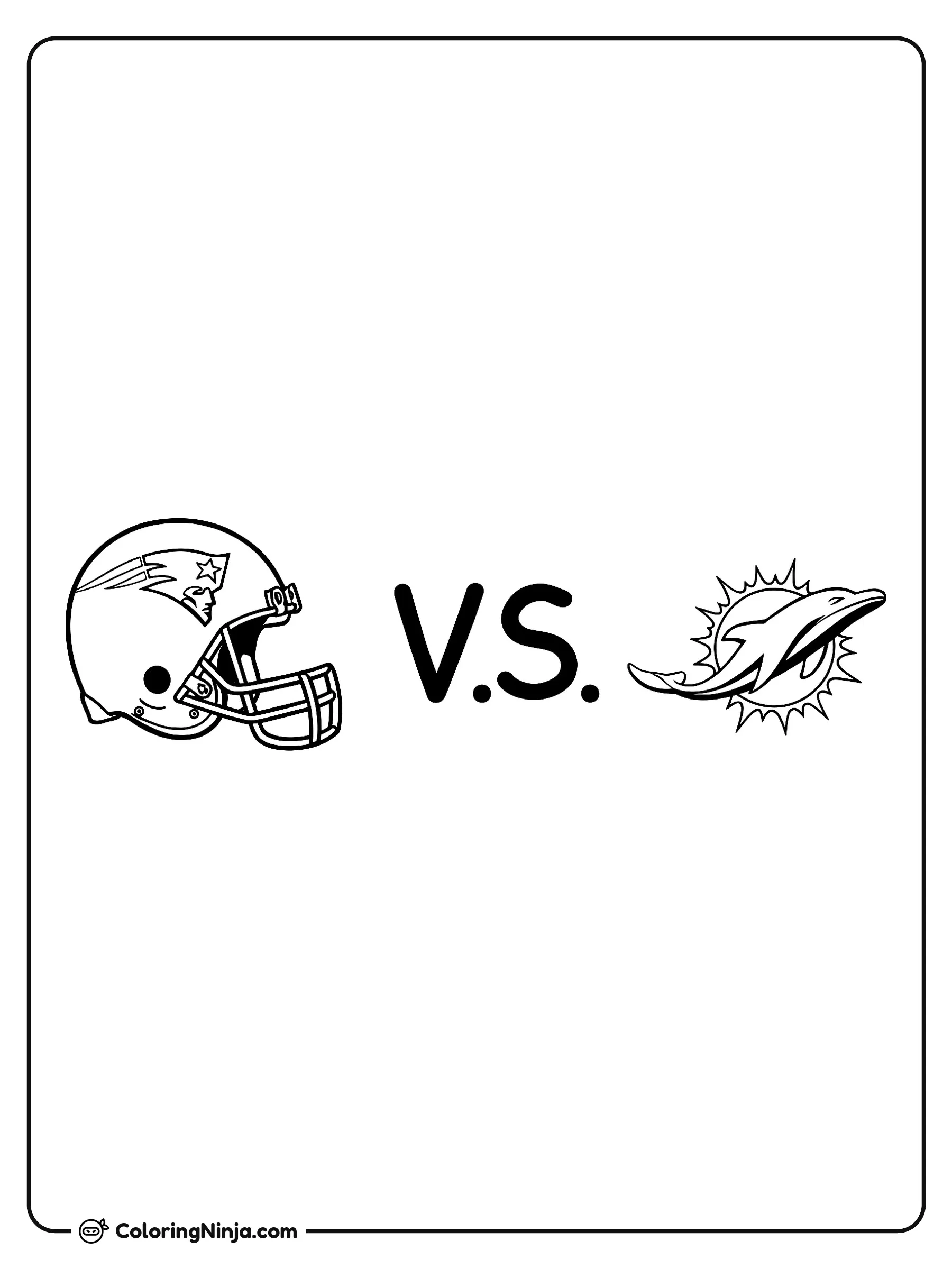 Logos de Patriots contra Dolphins, dibujo para colorear: Un casco de fútbol americano decorado con el emblema de los Patriots se ubica a la izquierda, mientras que el logo del delfín saltando frente al sol está a la derecha.