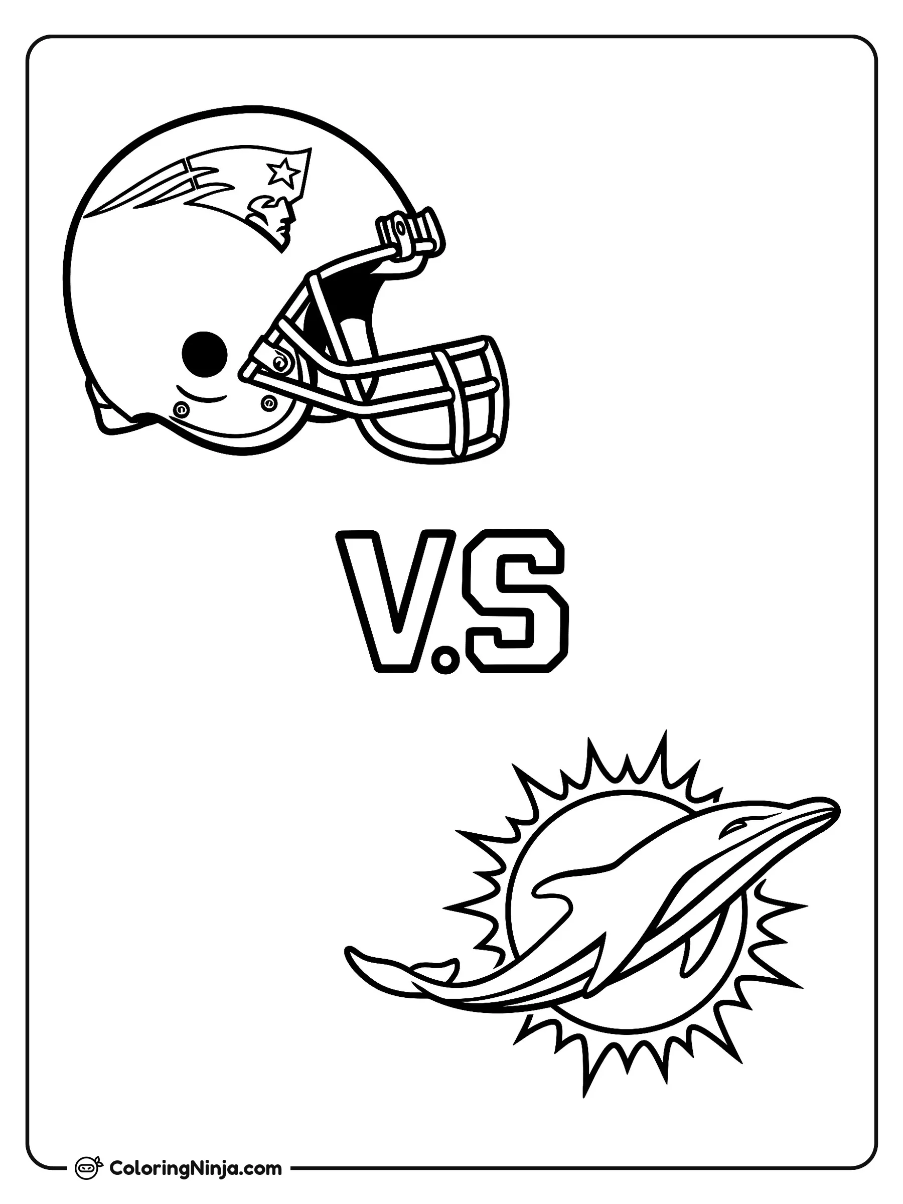 Logos de Patriots Versus Dolphins, dibujo para colorear: Un enfrentamiento de fútbol americano muestra el casco del logo de los Patriots sobre el emblema de los Dolphins. En el centro aparecen las letras V.S entre los dos diseños deportivos.