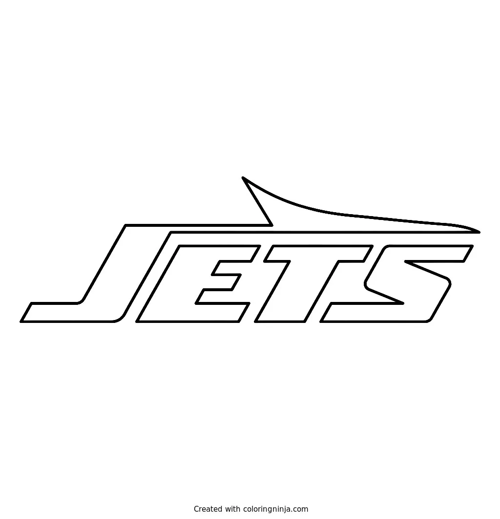 Logo de los New York Jets, dibujo para colorear: Este dibujo presenta el icónico logo de los New York Jets con letras estilizadas y la aleta de un avión en la parte superior.