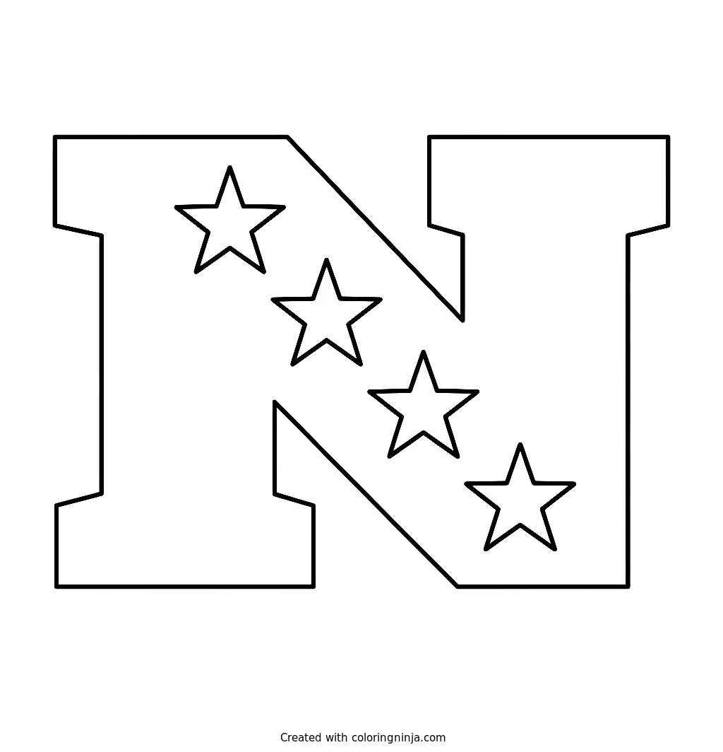 Logo de la NFC, dibujo para colorear: El logo de la NFC muestra una gran letra N mayúscula decorada con cuatro estrellas en diagonal.