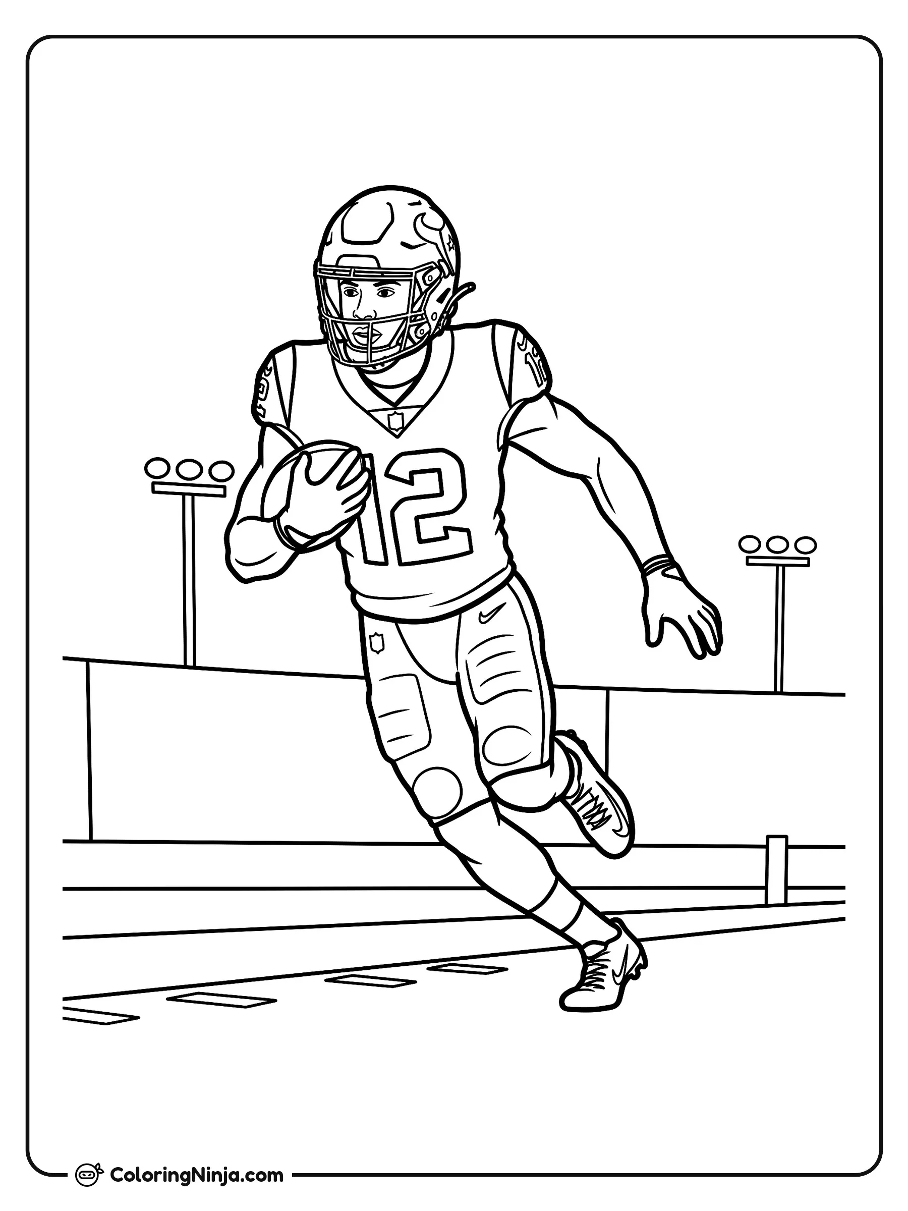 Carrera por la banda de Nico Collins, dibujo para colorear: El jugador de fútbol americano Nico Collins corre a toda velocidad por el campo sosteniendo el balón con firmeza.