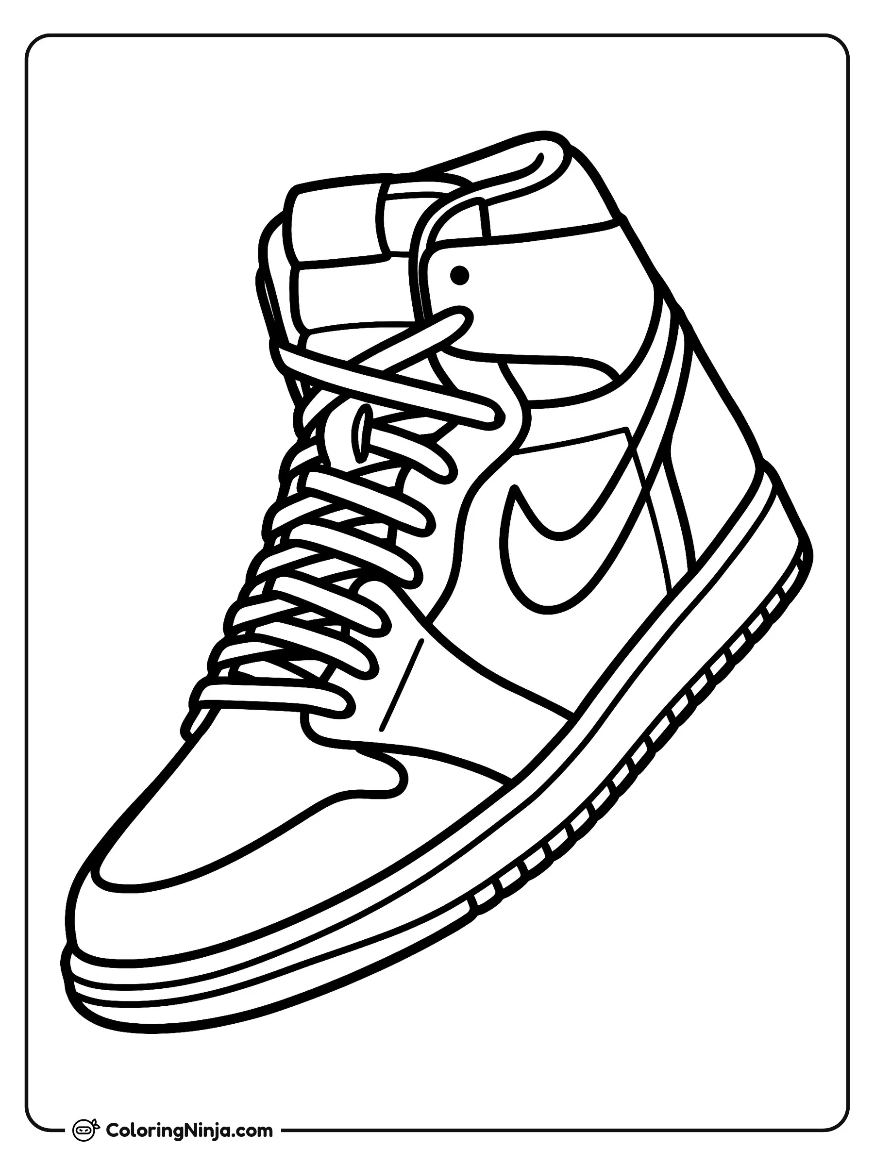 Tenis Nike Air Jordan de Perfil, dibujo para colorear: Un tenis de bota Nike Air Jordan se muestra de perfil con sus agujetas amarradas y su característica suela gruesa. Esta ilustración cuenta con secciones definidas que facilitan el coloreado.