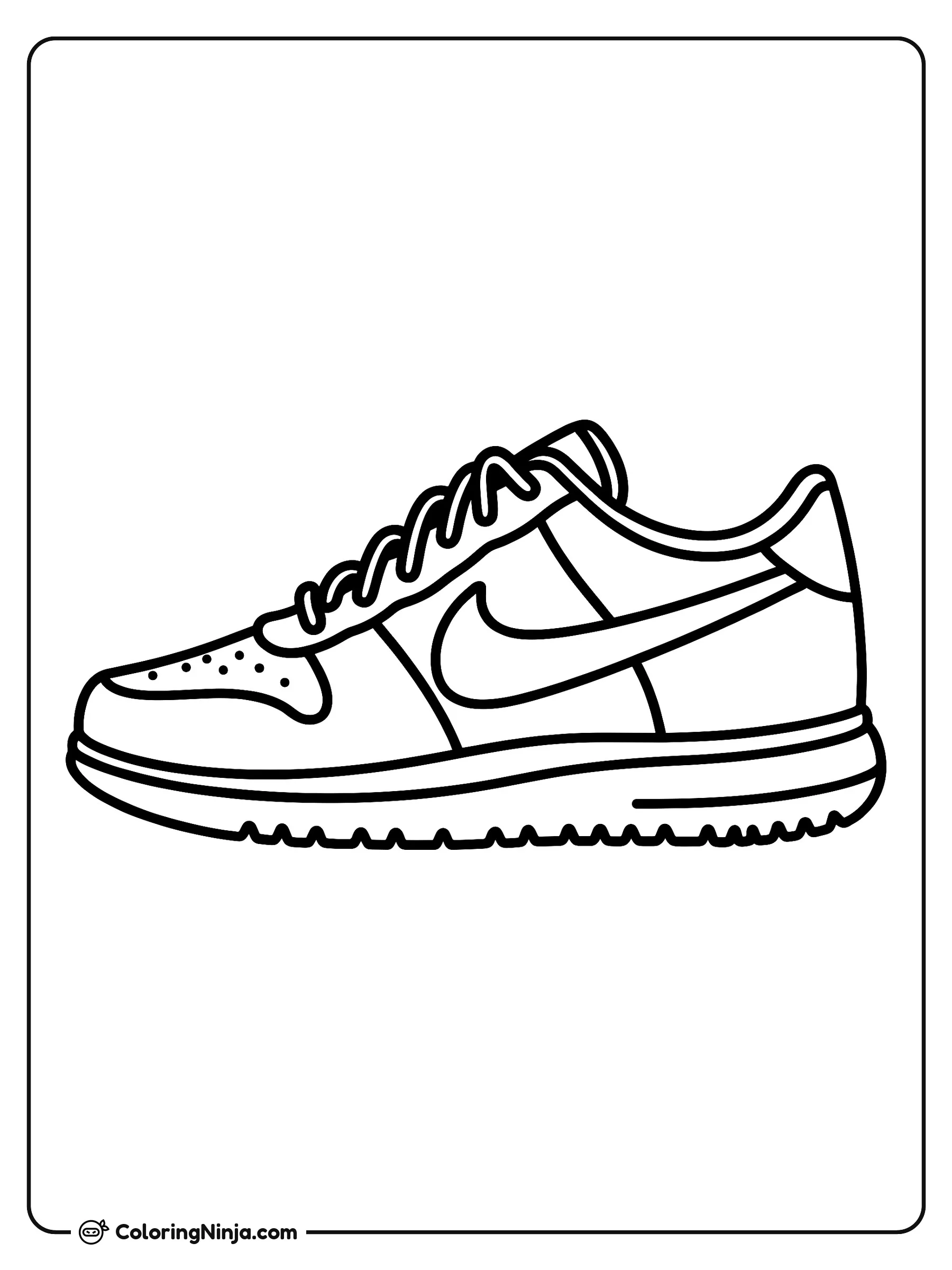 Tenis Nike de Perfil, dibujo para colorear: Una vista lateral de un tenis deportivo Nike se encuentra en el centro de la imagen. El calzado muestra sus agujetas, una suela con textura y el característico logotipo de la marca.