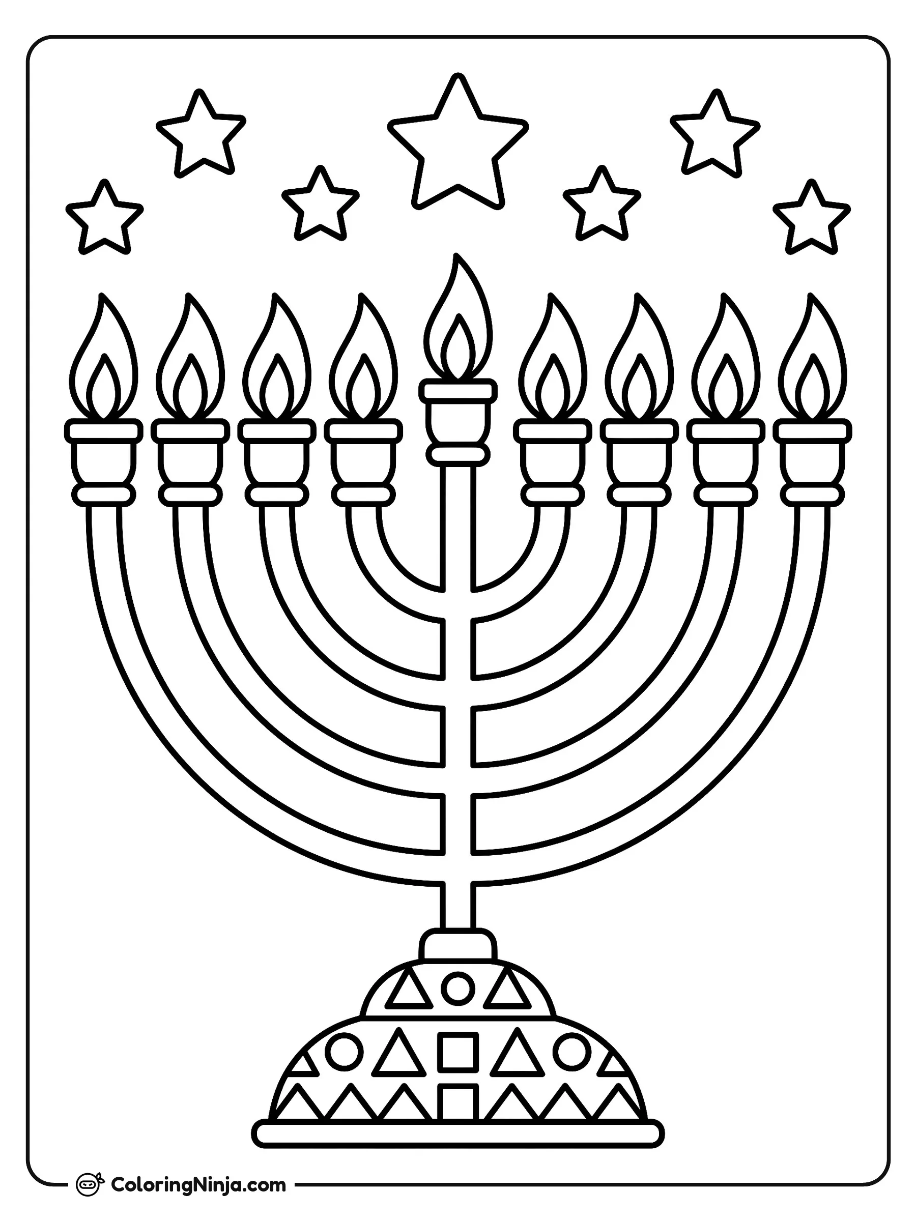 Classic Lit Hanukkah Menorah Coloring Page: This page features a traditional nine-branched hanukkiah with all candles fully lit. Simple line patterns decorate the metal base and branches.