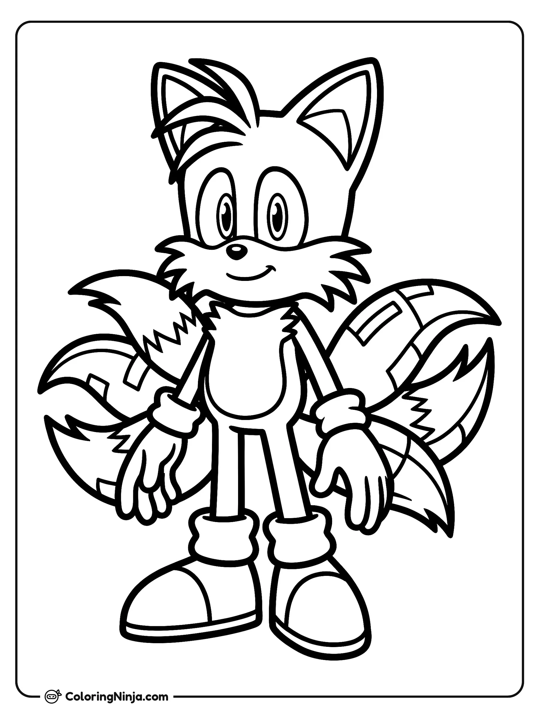 Nine el Zorro de Sonic Prime, dibujo para colorear: Nine el zorro de Sonic Prime posa de frente con una leve sonrisa y sus llamativas colas mecánicas desplegadas.