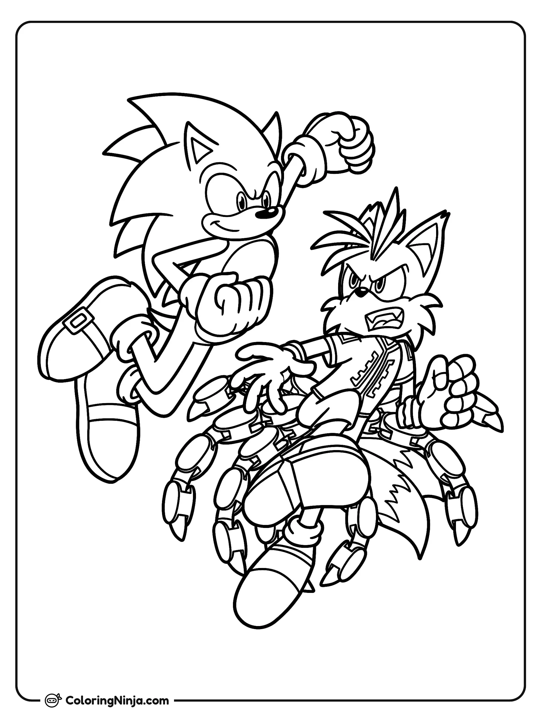 Sonic y Nine luchando en el aire, dibujo para colorear: Sonic y Nine saltan por el aire en una dinámica pose de batalla espacial. Sonic levanta el puño para dar un golpe, mientras Nine lo enfrenta con sus colas robóticas desplegadas.