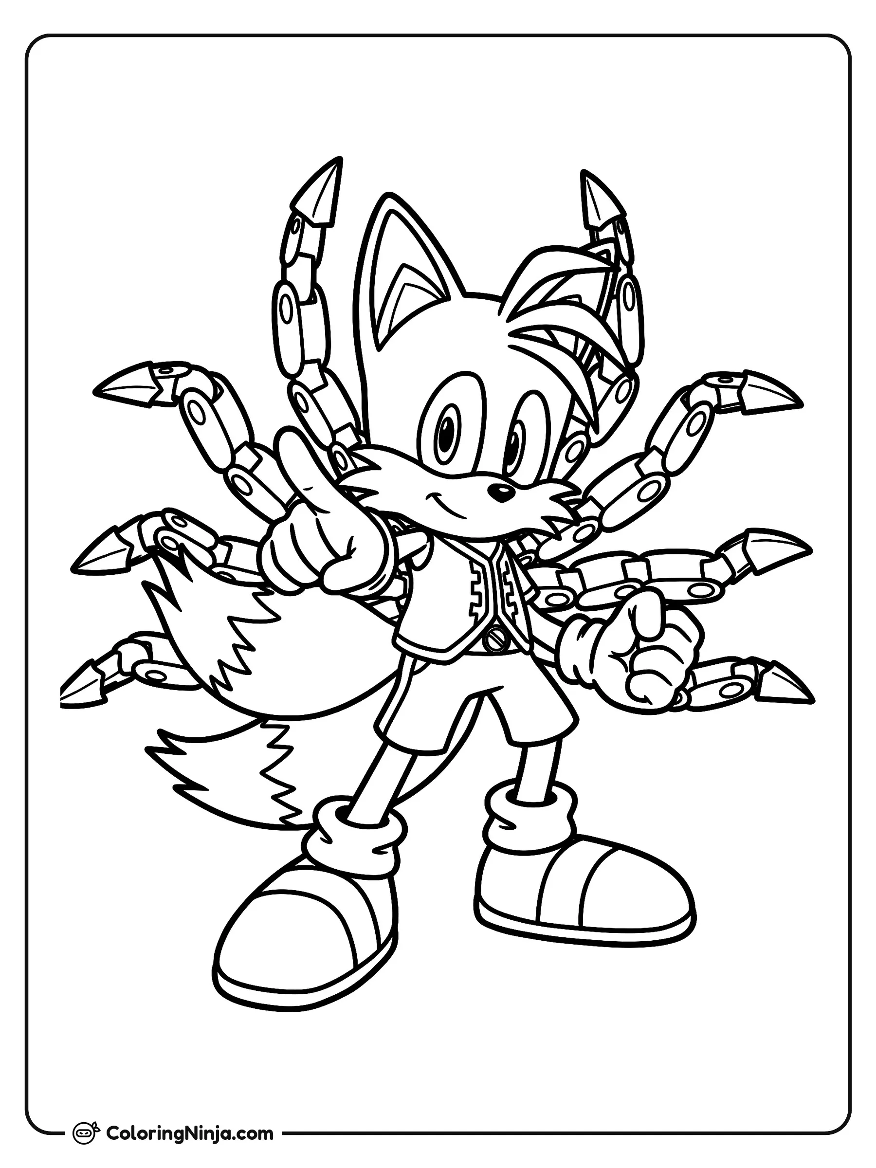 Nine de Sonic Prime, dibujo para colorear: Nine posa con firmeza apuntando con un dedo hacia arriba y luciendo una leve sonrisa.