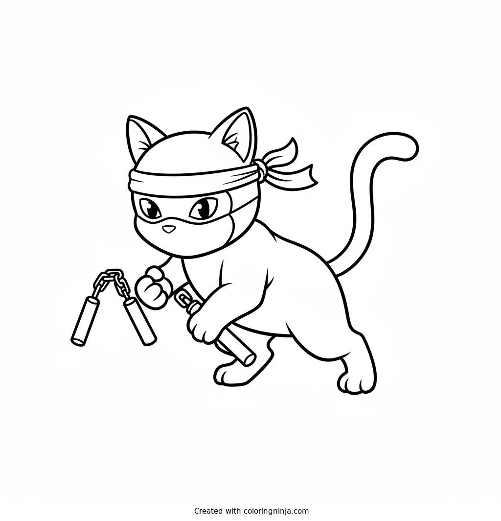 Coloring page of Ninja cat wearing a headband and mask