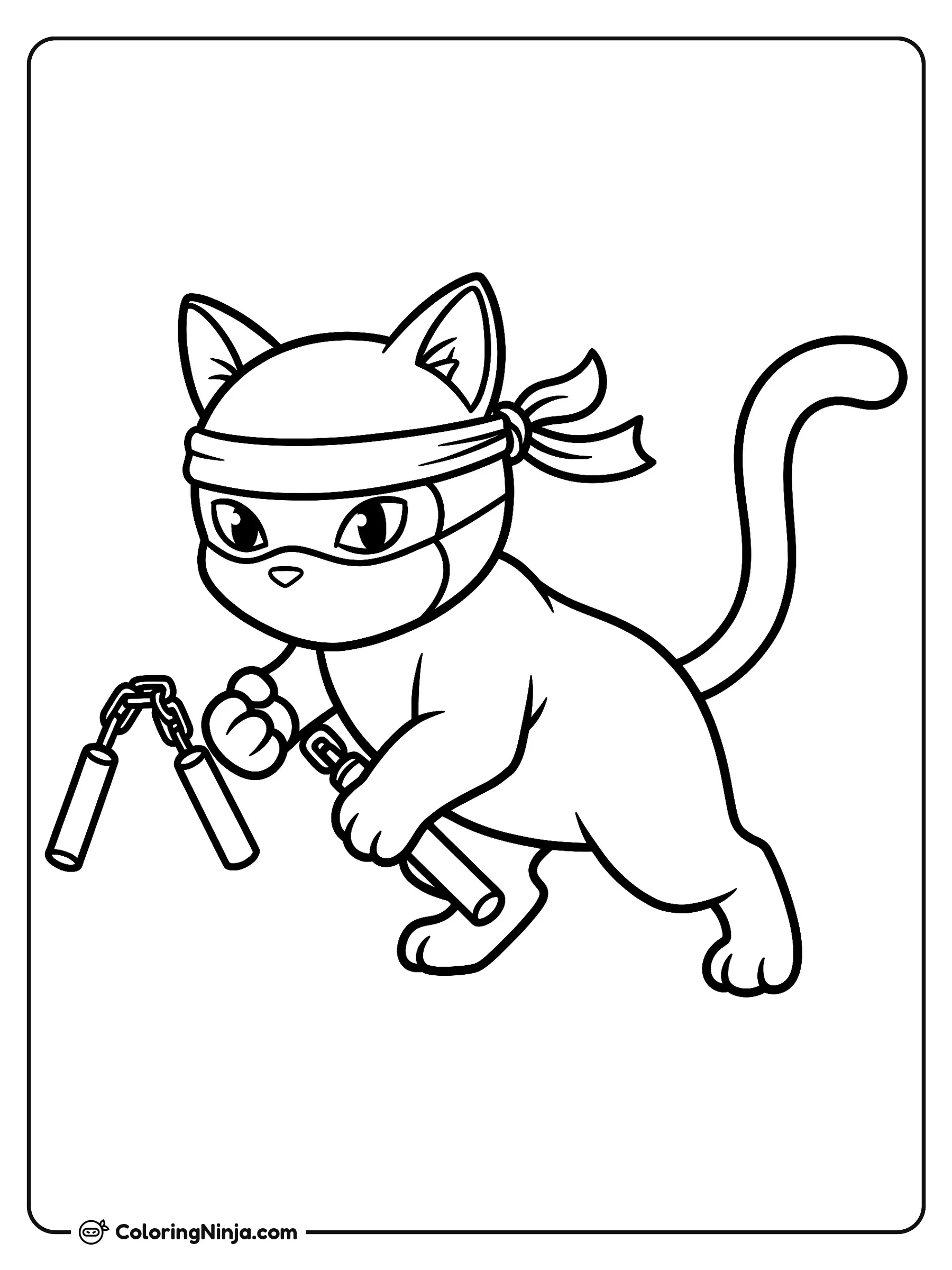 Gato ninja con cinta y antifaz, dibujo para colorear: Un concentrado gato ninja posa agachado mientras lleva una cinta en la cabeza y un pequeño antifaz.