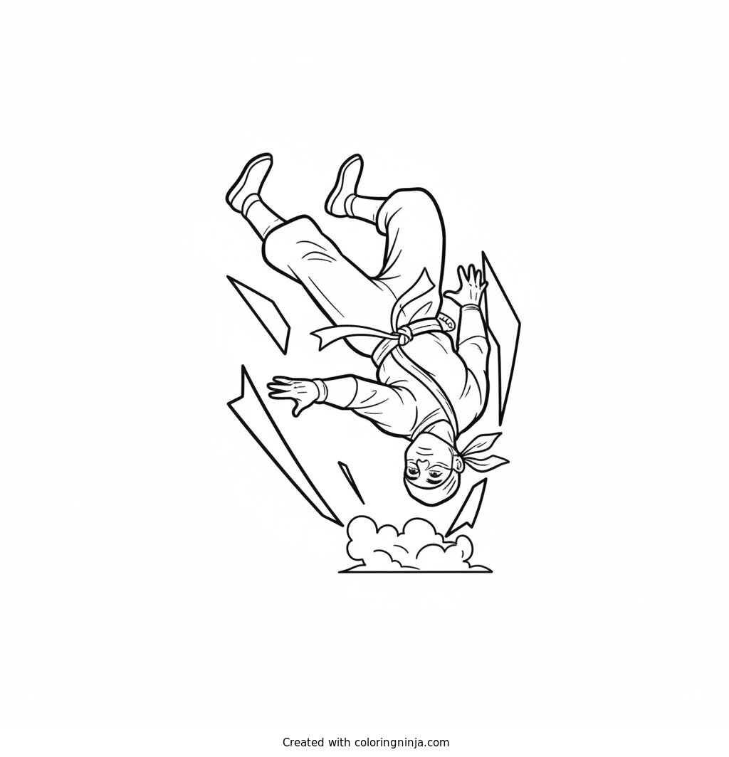 Coloring page of Ninja doing a backflip