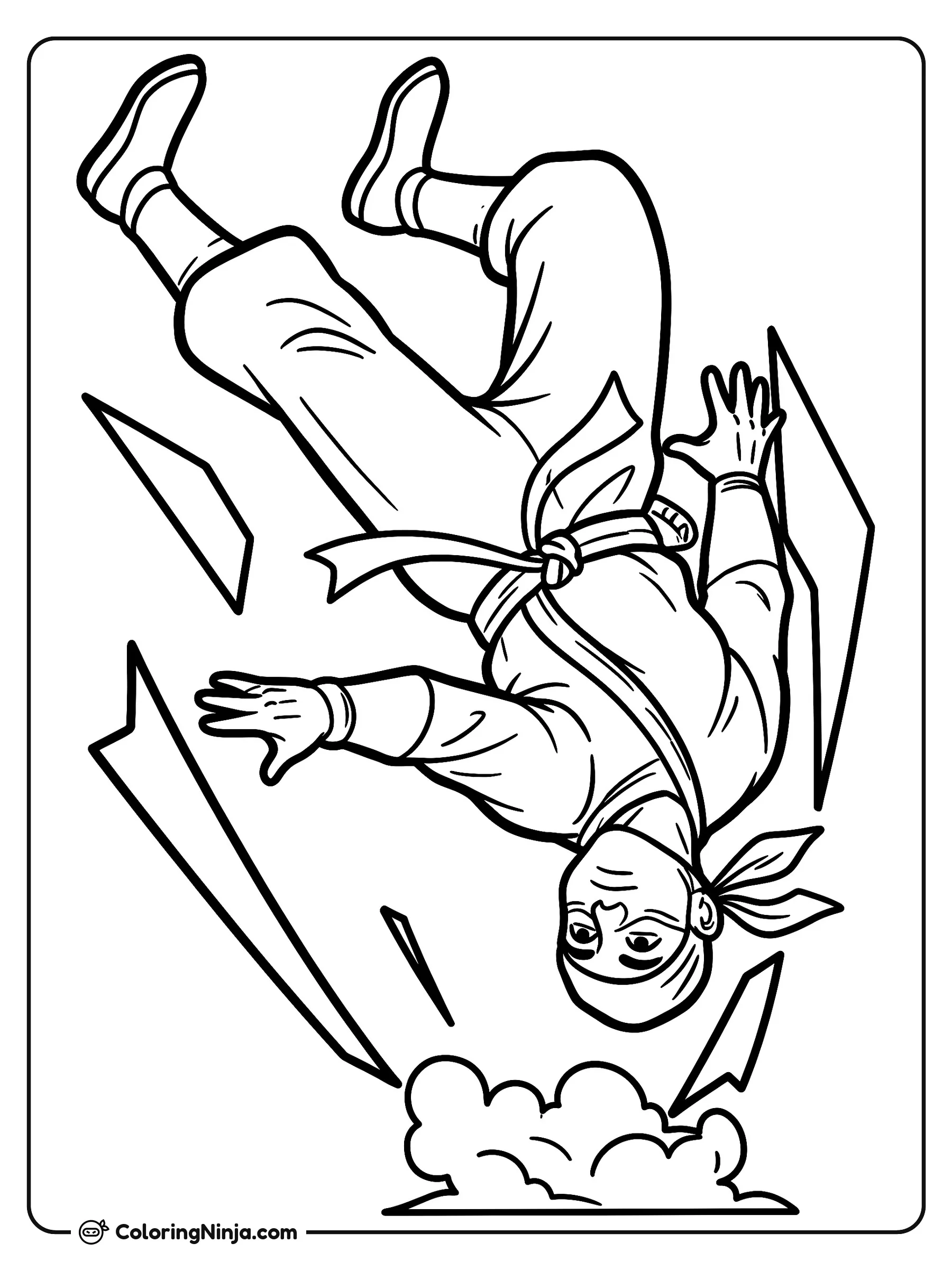 Ninja haciendo un salto mortal hacia atrás, dibujo para colorear: Un ninja salta de cabeza en el aire mientras realiza una ágil pirueta hacia atrás.