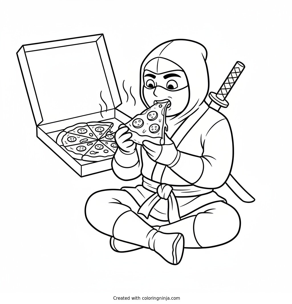 Coloring page of Ninja eating a slice of pizza
