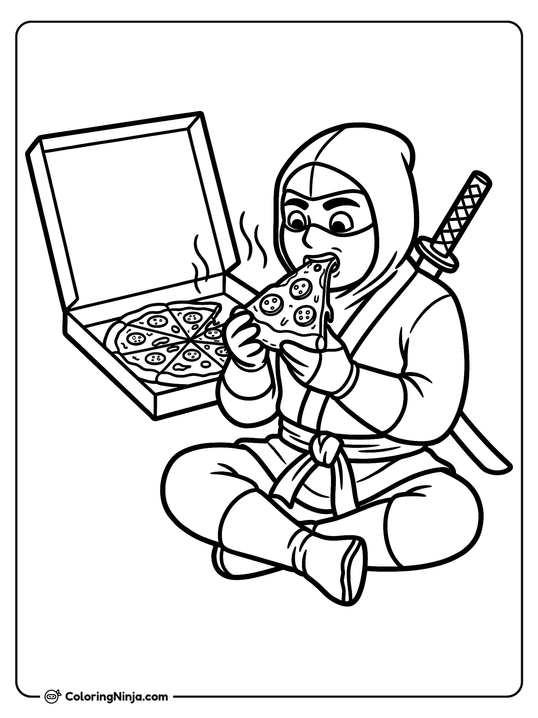 Ninja comiendo una rebanada de pizza, dibujo para colorear: Un ninja sentado con las piernas cruzadas disfruta de una caliente rebanada de pizza con pepperoni.