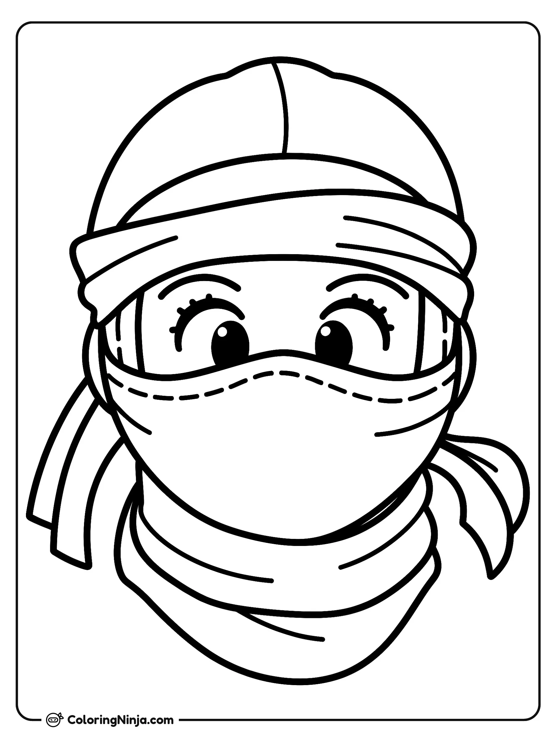 Icono de Cabeza de Ninja, dibujo para colorear: Un icono de la cabeza de un ninja muestra ojos grandes y expresivos que miran hacia adelante debajo de su capucha tradicional.