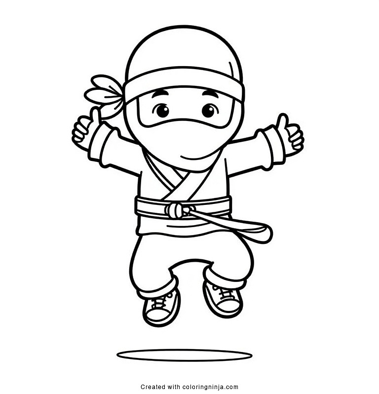 A coloring page of a ninja head jumping