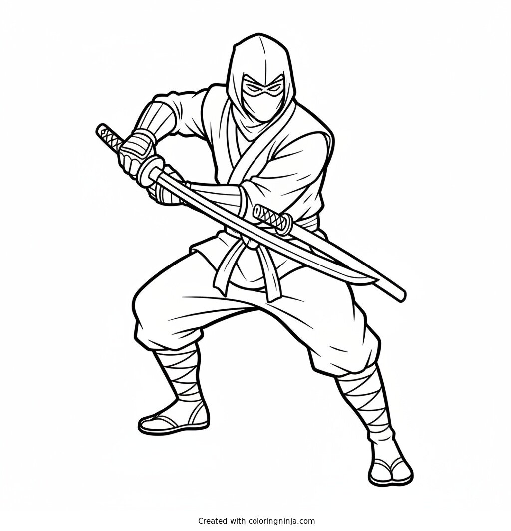 Coloring page of Ninja holding a katana sword in a ready stance