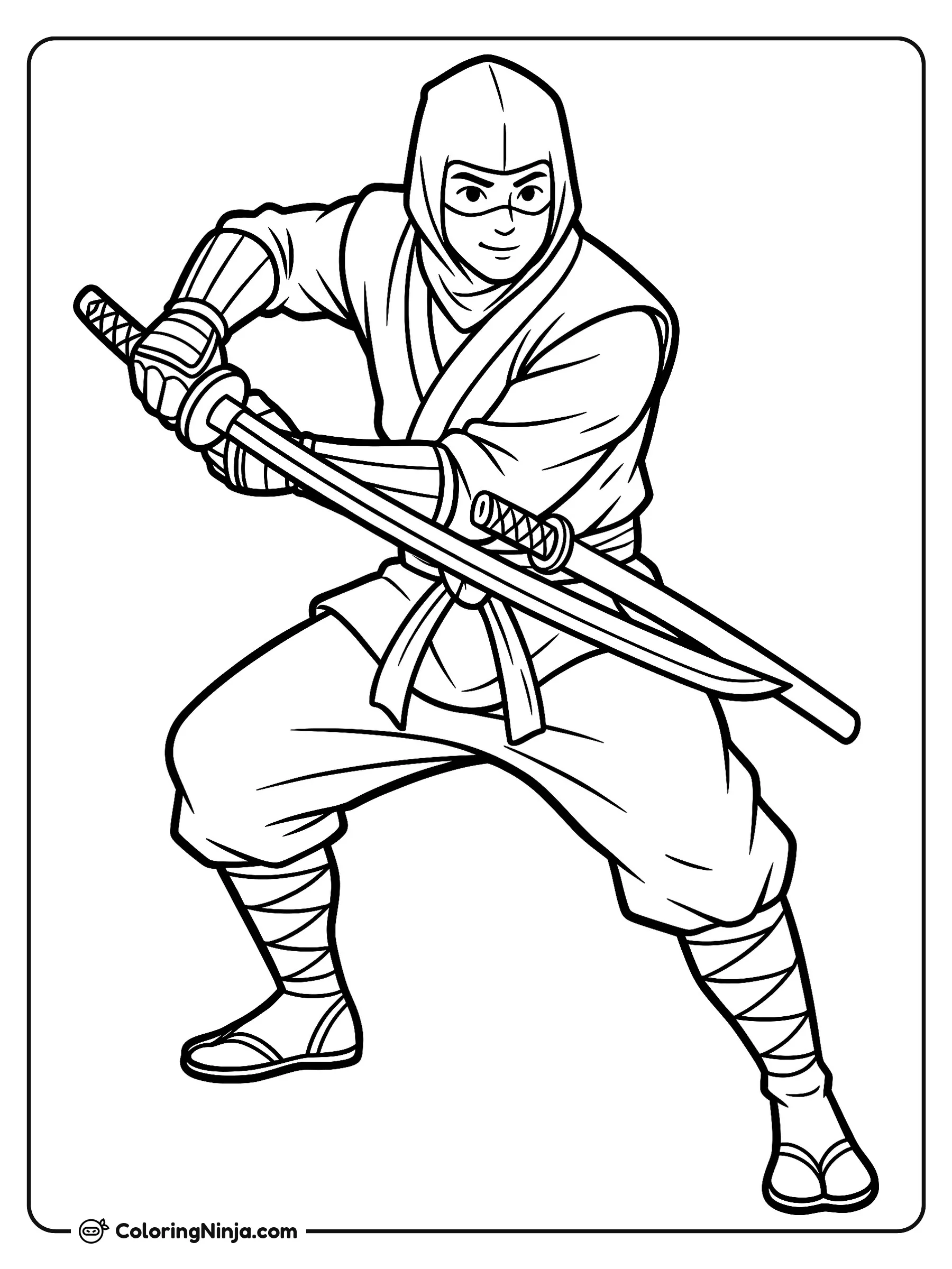 Ninja sosteniendo una espada katana, dibujo para colorear: Un ninja concentrado sostiene una larga katana con ambas manos mientras mantiene una postura de combate equilibrada.