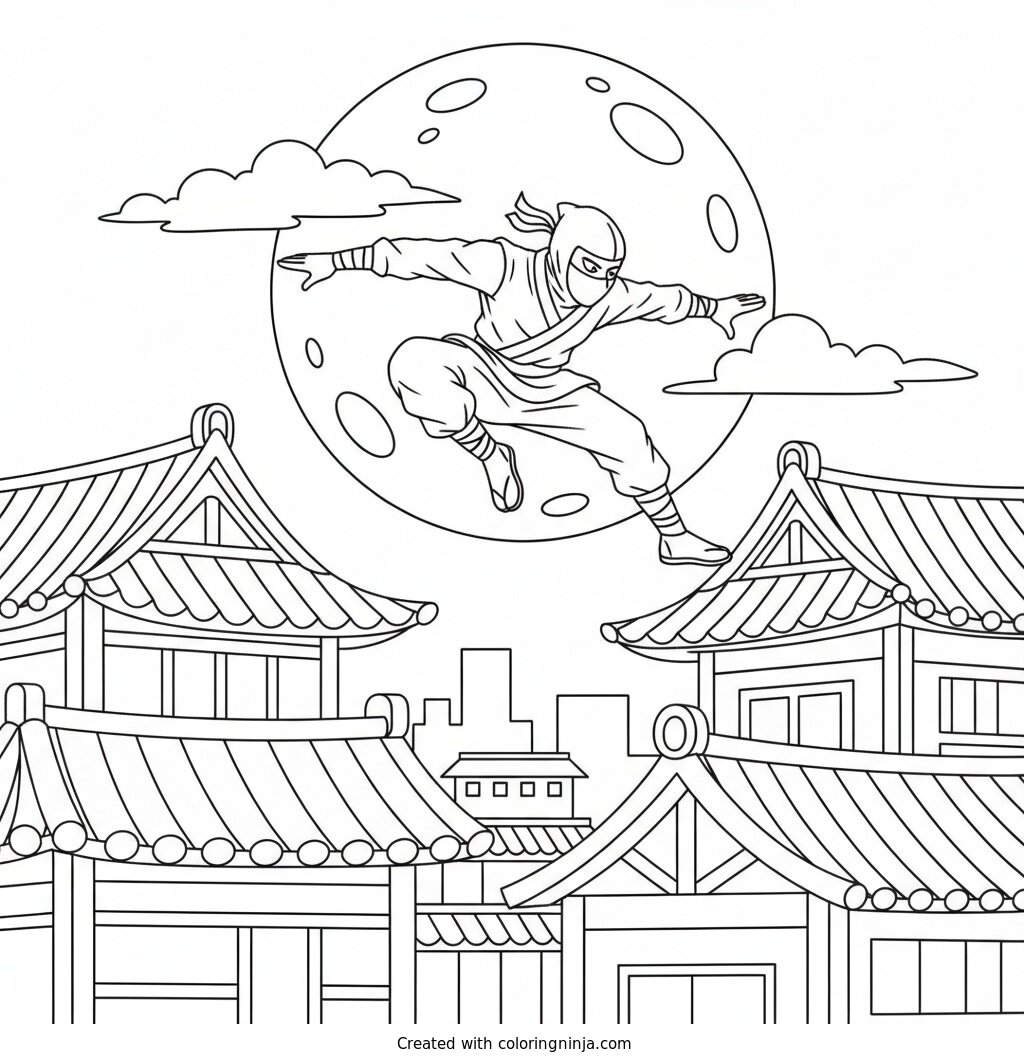 Coloring page of Ninja jumping between rooftops under a full moon