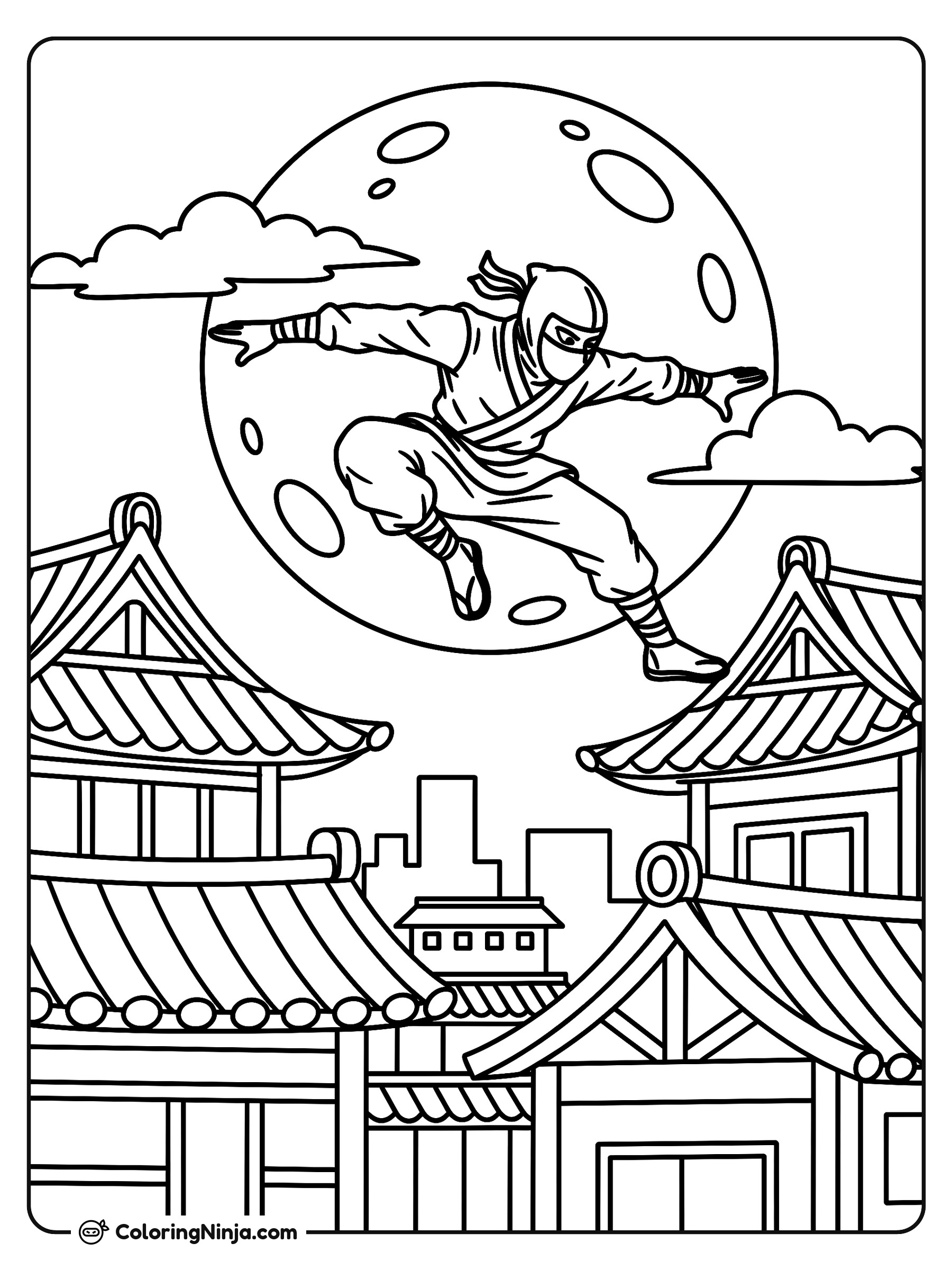 Ninja saltando entre tejados bajo la luna llena: dibujo para colorear
