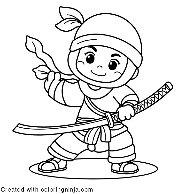 A coloring page of a ninja with a katana