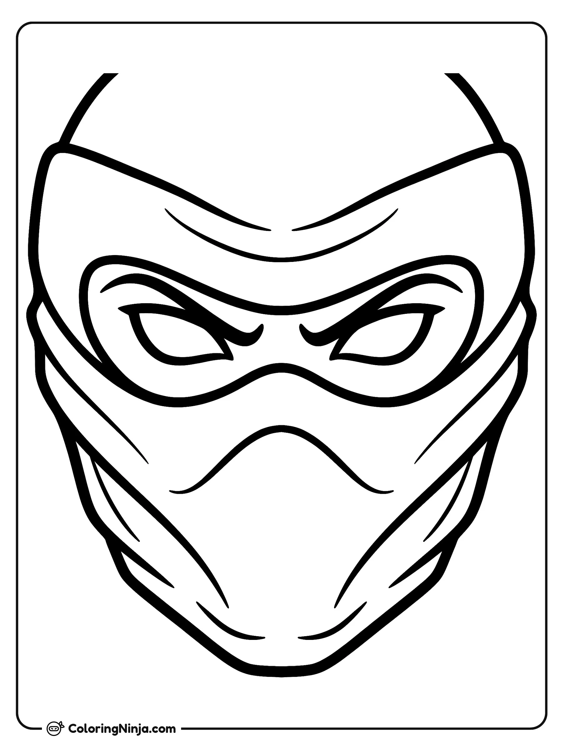 Primer plano de máscara ninja, dibujo para colorear: Un acercamiento a una máscara ninja que cubre la cabeza y la cara, dejando ver una mirada intensa y concentrada. La tela envuelve la nariz y la mandíbula para completar un estilo sigiloso.