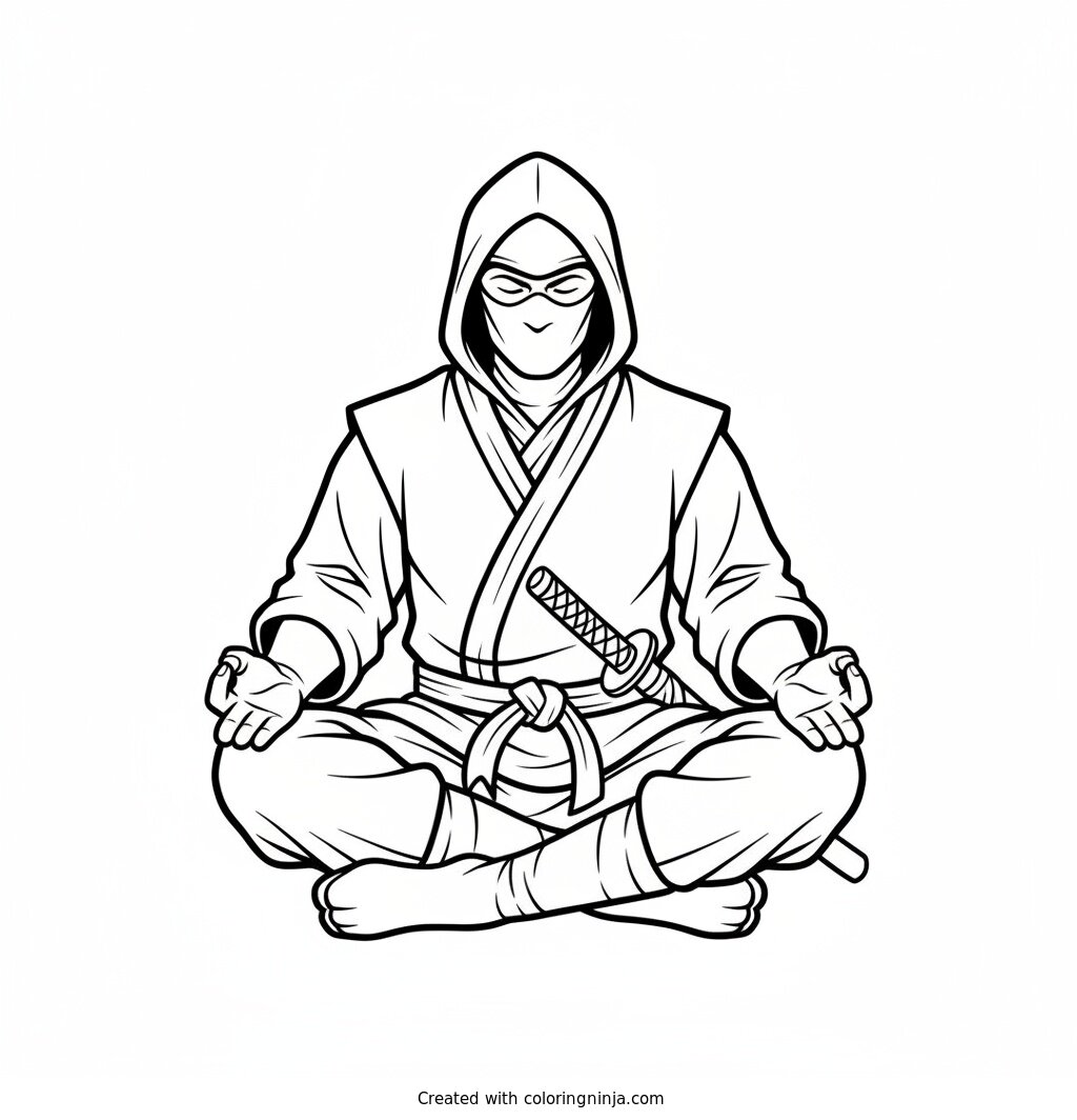 Coloring page of Ninja meditating cross-legged