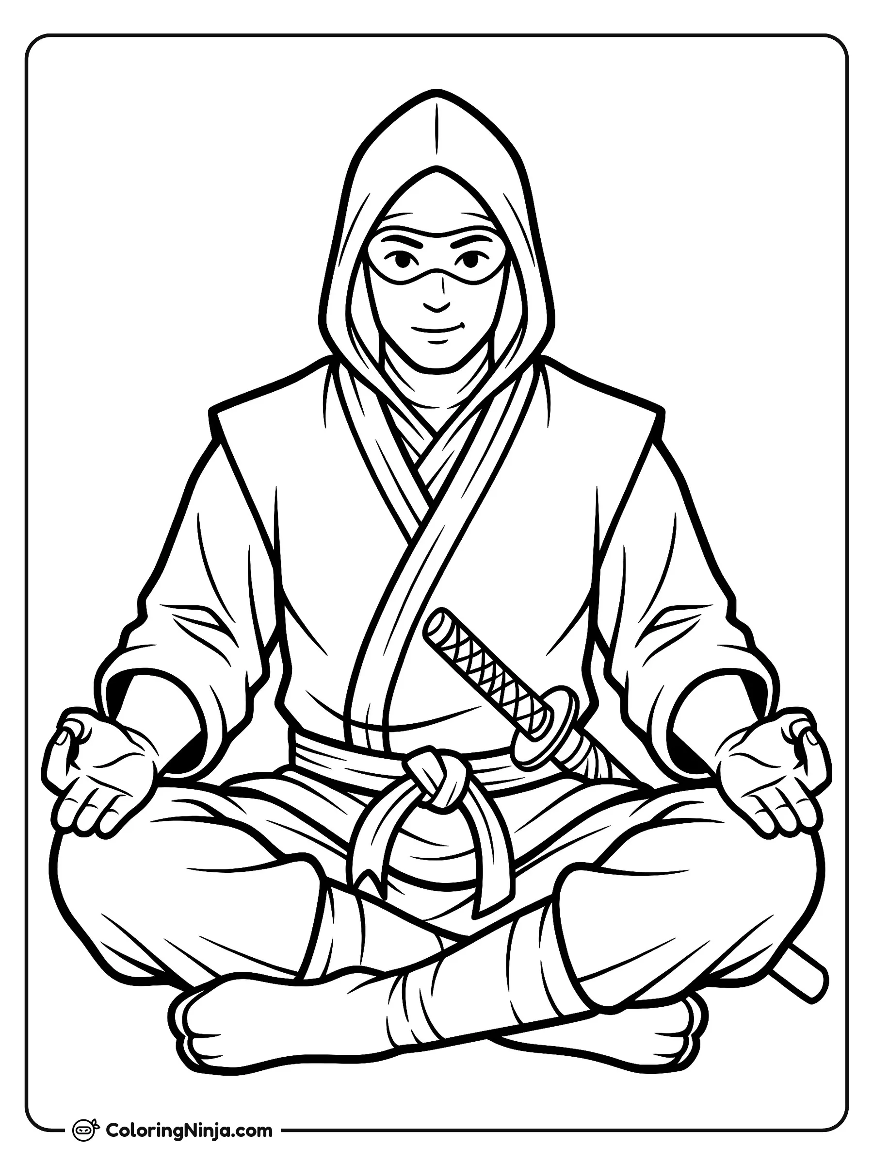 Ninja meditando con las piernas cruzadas, dibujo para colorear: Un ninja se encuentra sentado con las piernas cruzadas en una postura tranquila de meditación, apoyando sus manos abiertas sobre las rodillas.