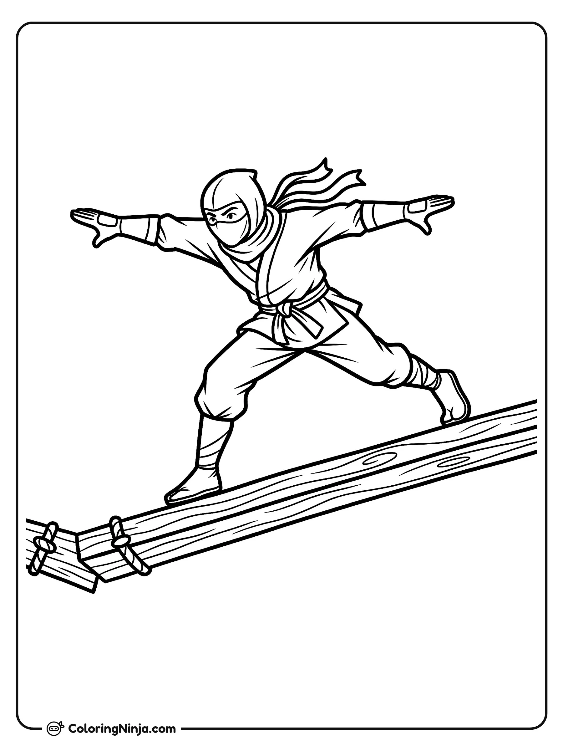 Ninja en Carrera de Equilibrio, dibujo para colorear: Un concentrado ninja con traje completo y máscara avanza con cuidado sobre una estrecha viga de madera. Mantiene los brazos extendidos a los lados para guardar el equilibrio durante el reto.