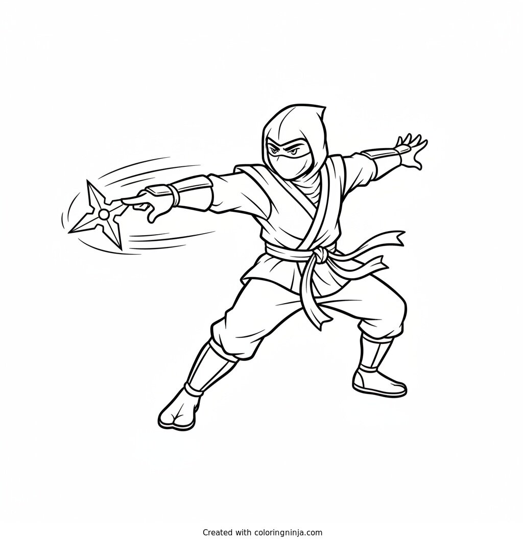 Coloring page of Ninja throwing a shuriken star
