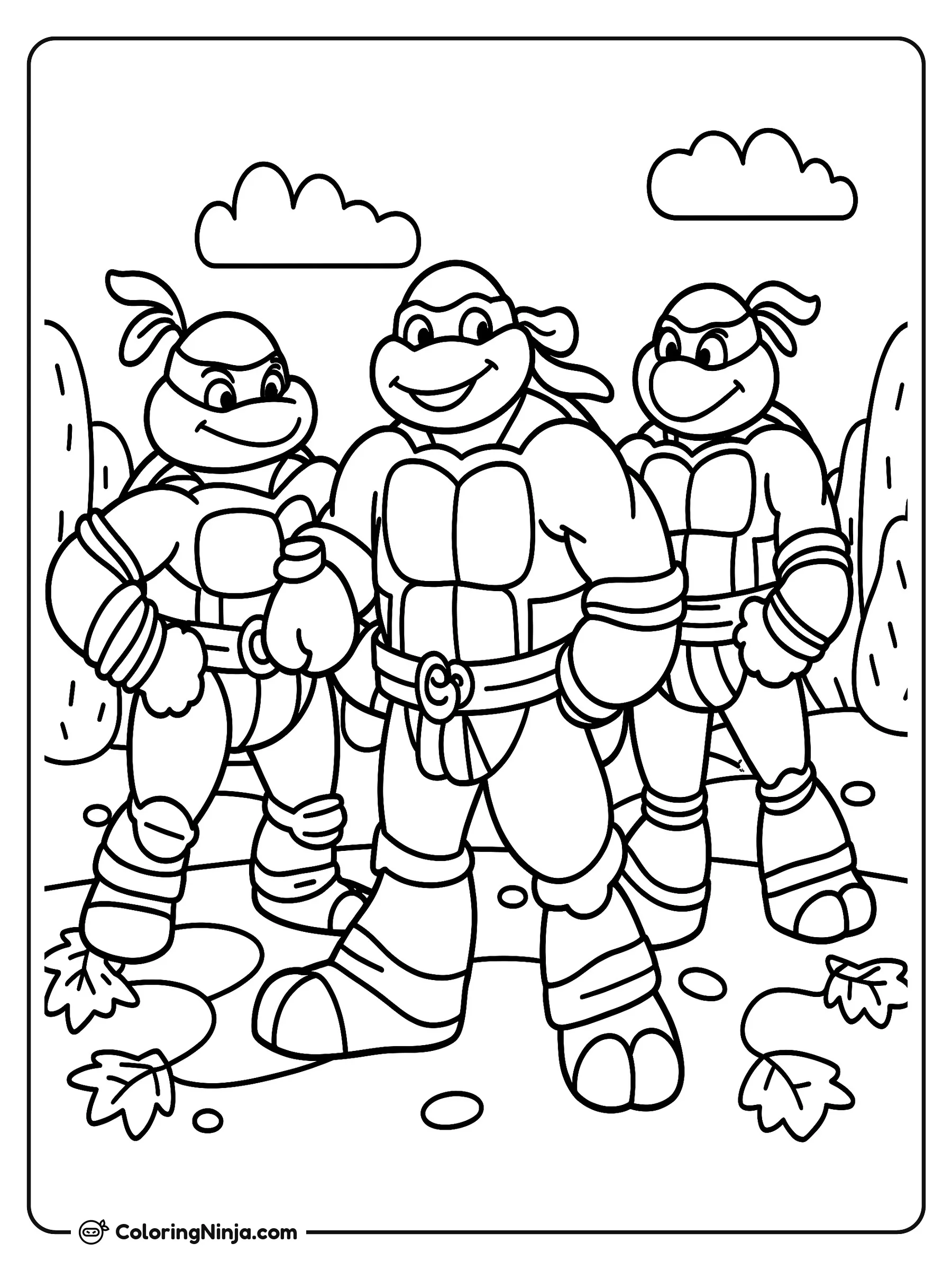 Las Tortugas Ninja al aire libre, dibujo para colorear: Tres Tortugas Ninja posan juntas en un parque lleno de hojas secas y pequeñas piedras bajo un cielo con nubes. Llevan sus antifaces, caparazones y cinturones mientras sonríen alegremente.