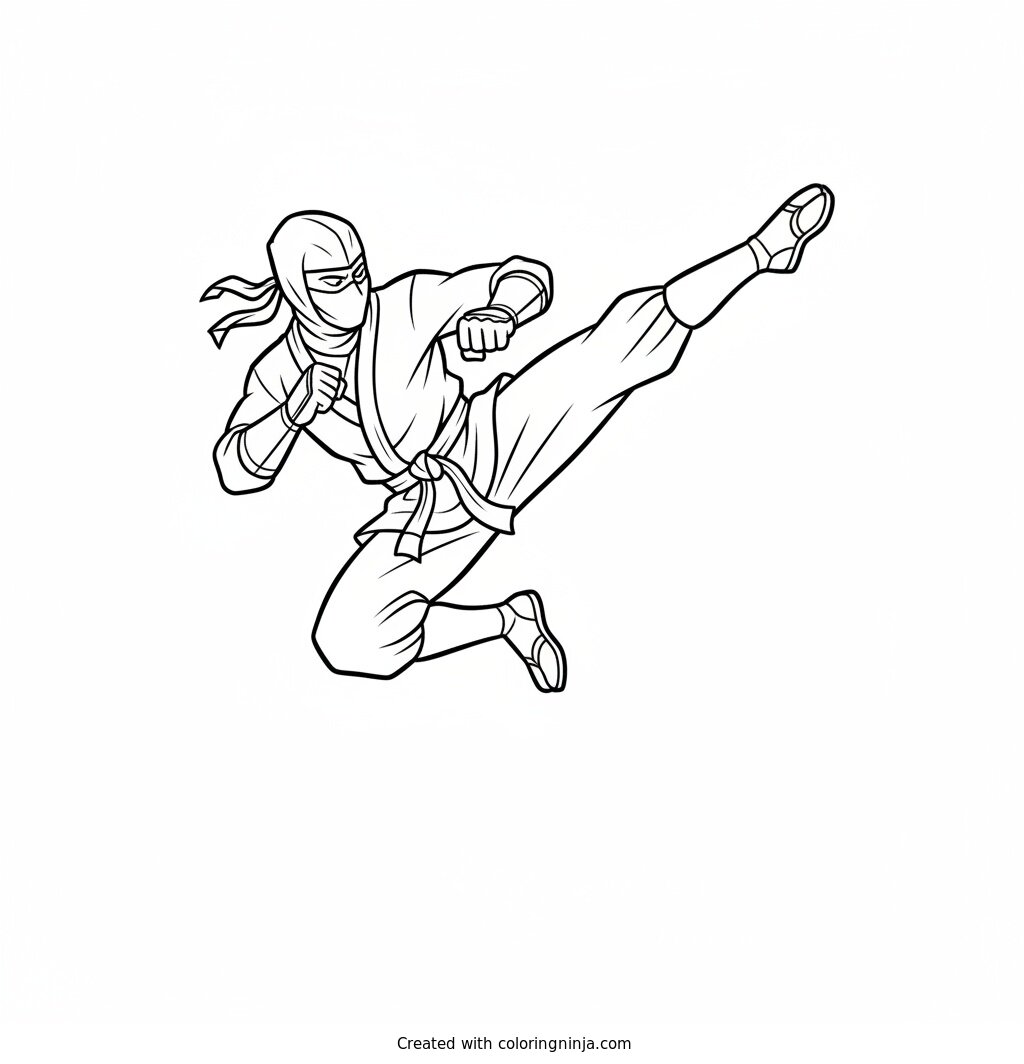 Coloring page of Ninja warrior in a dynamic kung fu kick pose