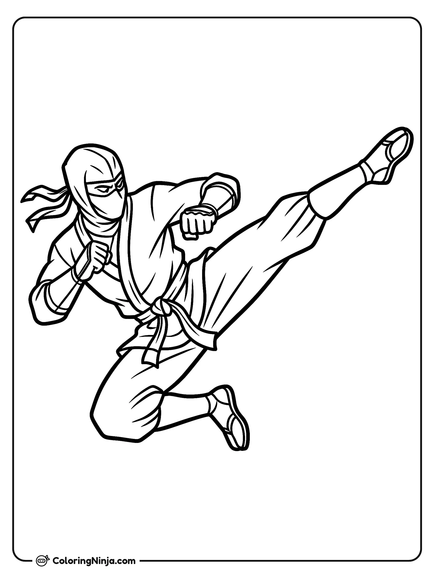 Guerrero Ninja Lanzando una Patada Dinámica, dibujo para colorear: Un concentrado guerrero ninja salta por el aire mientras ejecuta una potente patada de artes marciales.