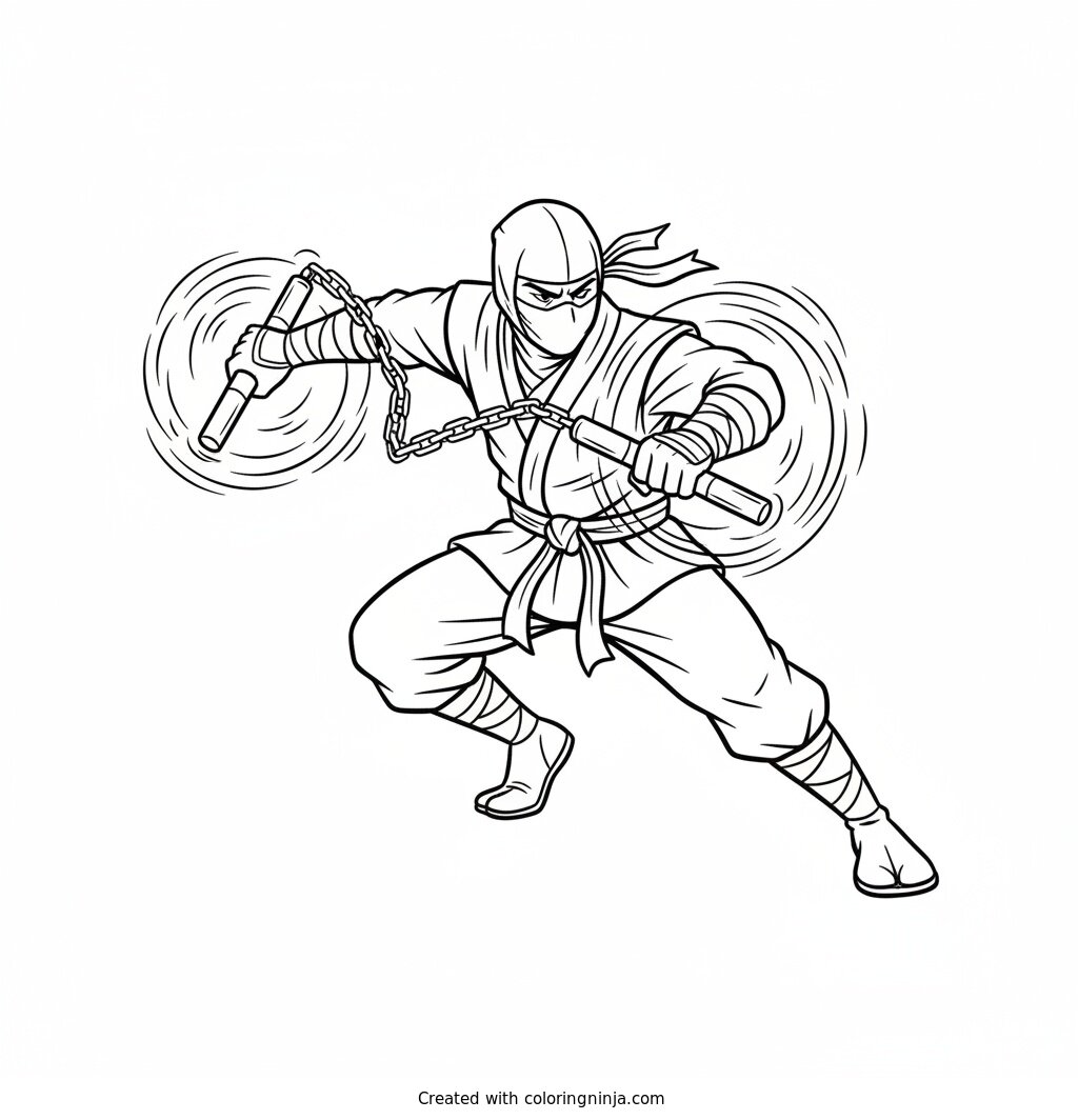 Coloring page of Ninja warrior with nunchucks