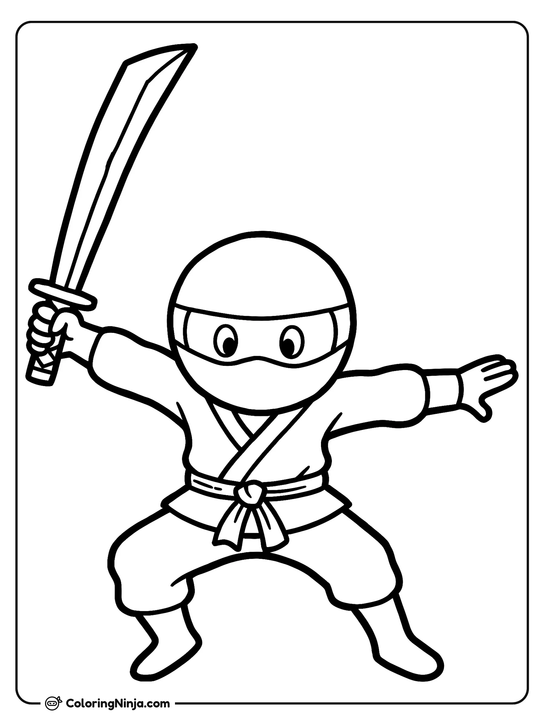 Guerrero ninja en posición de combate, dibujo para colorear: Un joven guerrero ninja se muestra en una postura dinámica de artes marciales mientras sostiene una espada en alto.